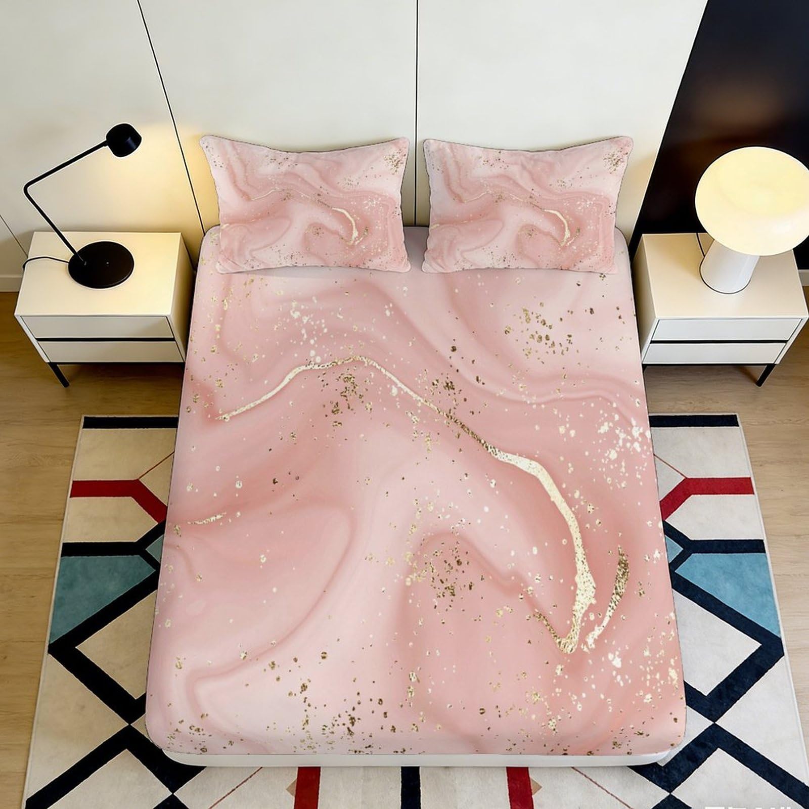 3D Printed Pink Marble Fitted Sheet Microfiber Soft Anti-Slip Pastel Swirl Bed Cover for Bedroom Guest Room Decor 90x200x25cm