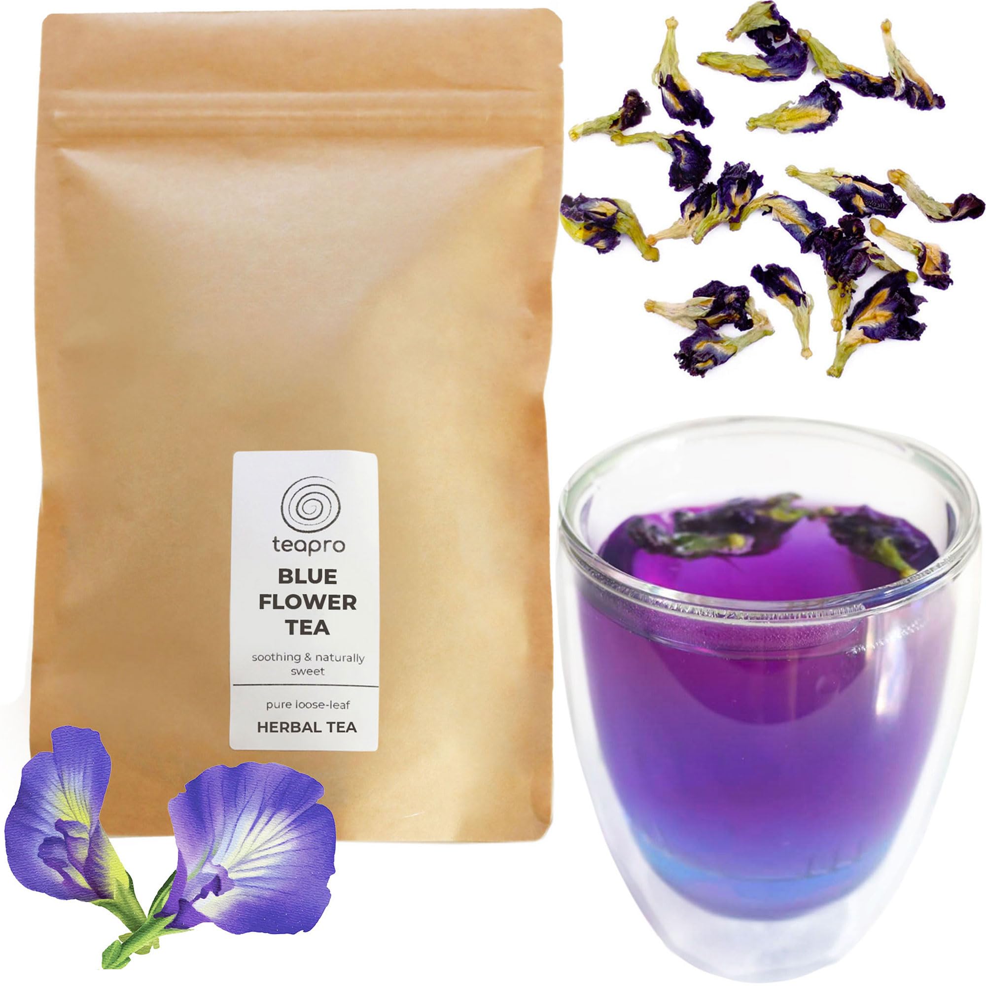 Teapro Premium Blue Pea Flower Tea 30g | Colour-changing Purple Flower for Cognitive Function, Digestion, Glowing Skin & Eye Health | Naturally Caffeine-Free
