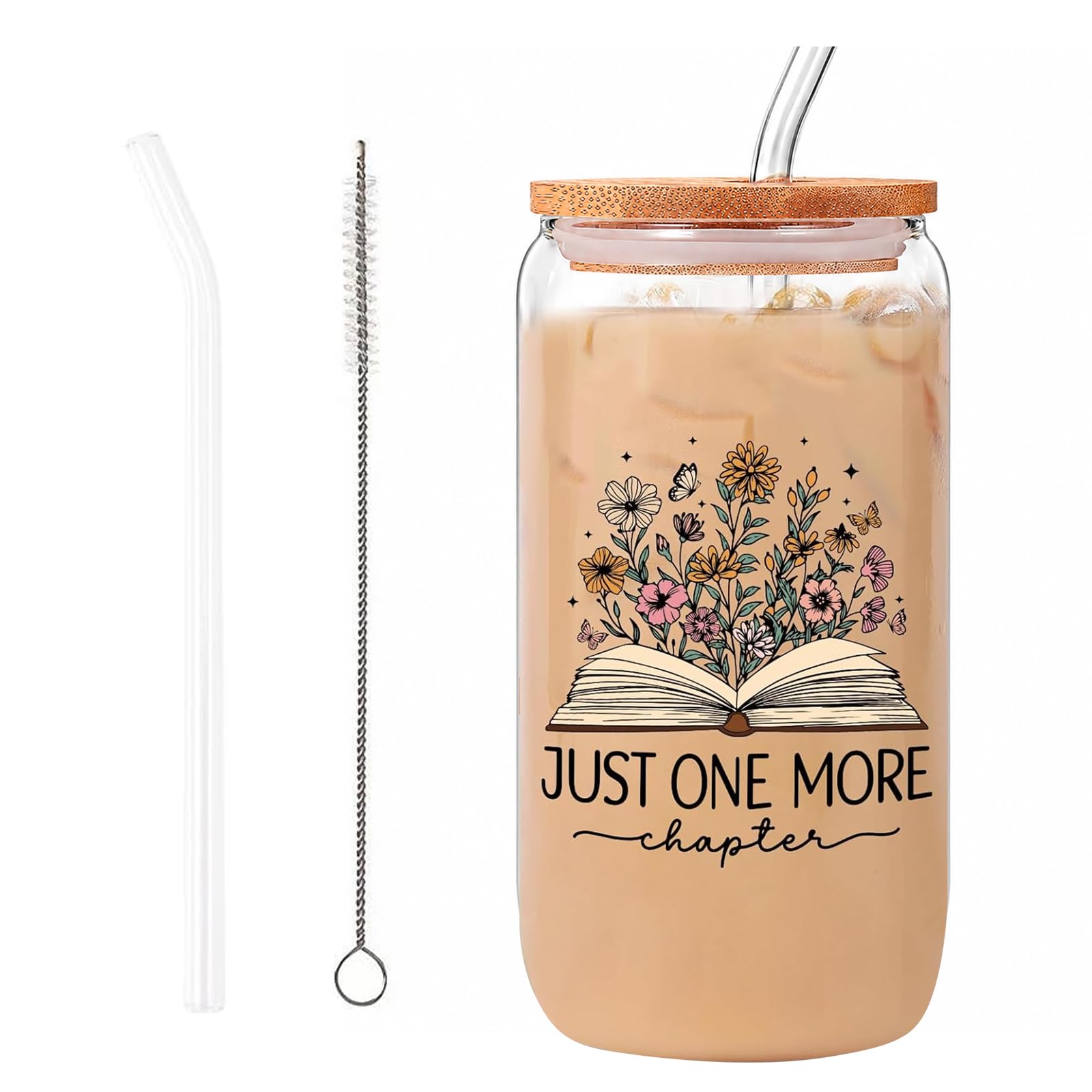 Bryxora Clear Glass Drinking Tumbler Cup, Glass Cup with Lid and Straw Filled Gifts, with Bamboo Lid, Bent Glass Straw and Cleaning Brush