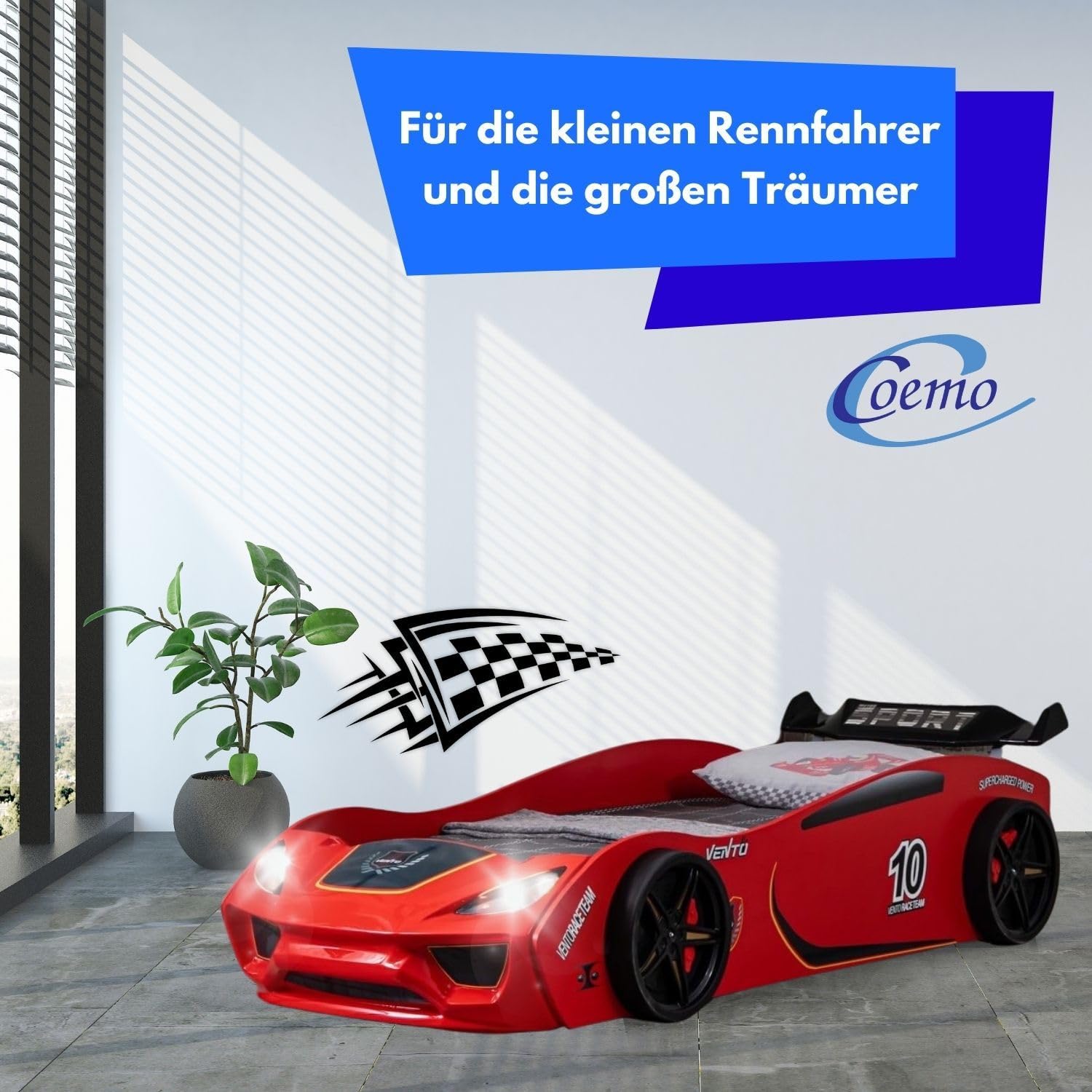 Coemo Autobett Vento Kinderbett 90x200 cm im Rennwagen-Design, Rot | Autobett mit Lattenrost, aufwändig gearbeitete Front mit glänzender Oberfläche, detailgetreue Motive, sportlicher Heckspoiler