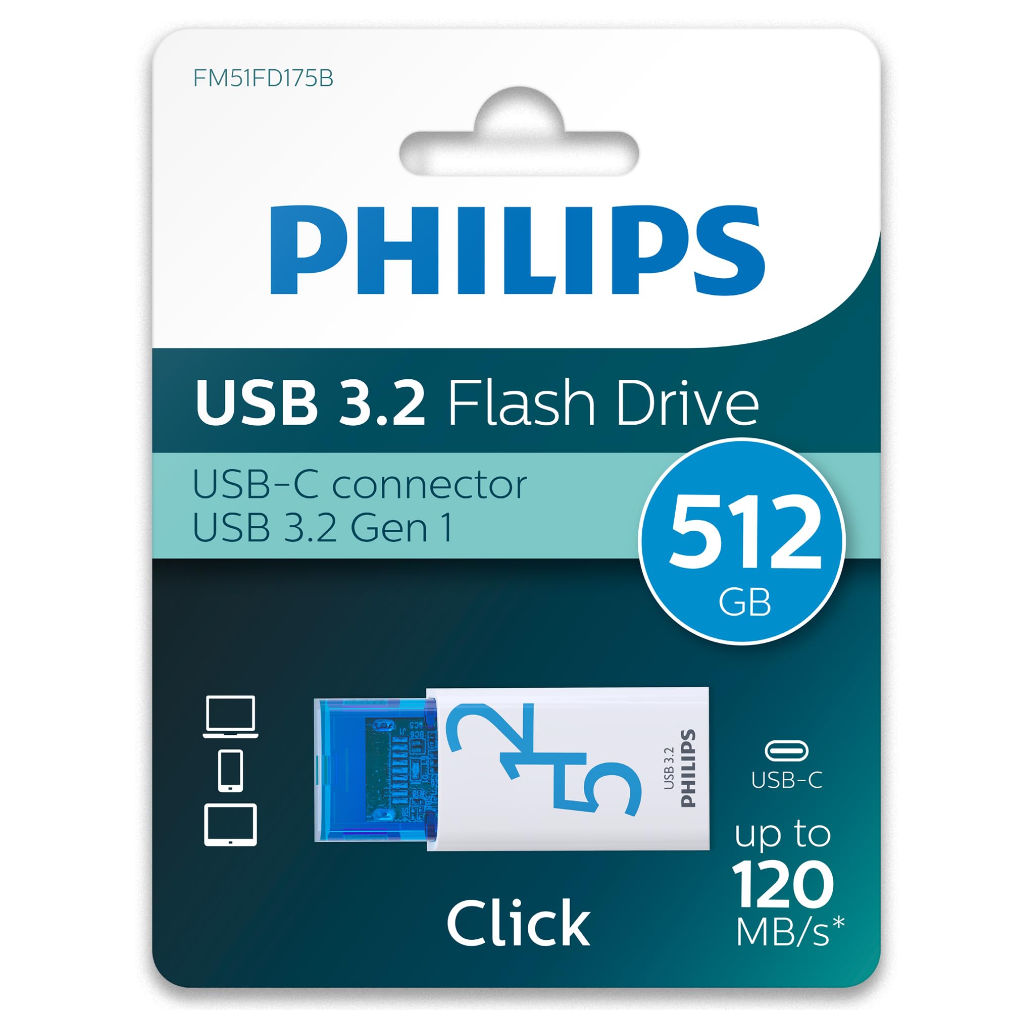 Philips Click Edition USB-C USB 3.2 Gen 1, unità flash USB 512 GB per PC, laptop, smartphone, tablet con porta USB-C, velocità di lettura fino a 120 MB/s