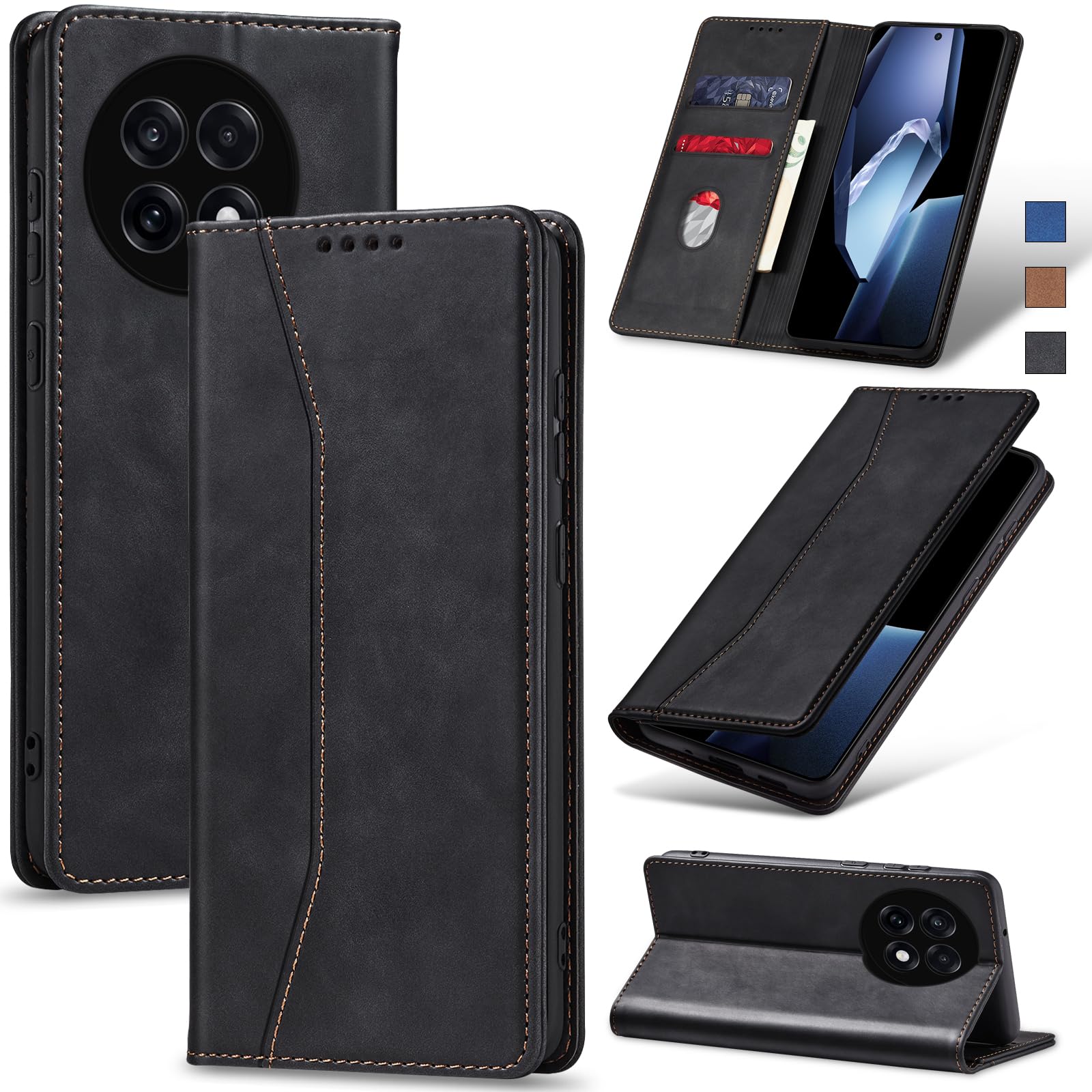 Jasonyu Handyhülle für OnePlus 13R 5G Hülle Leder Flip Klappbare Stoßfeste Magnetische Premium PU Leder Standfunktion Kartenfächern Schutzhülle Klapphülle für OnePlus 13R,Schwarz