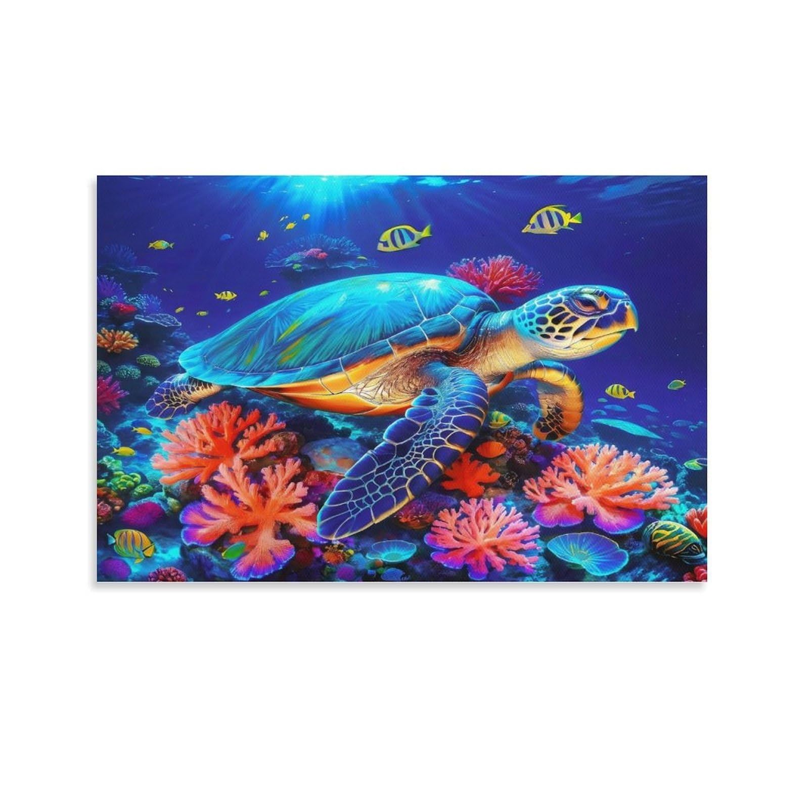 CPLVKWRQJ Sea Turtle Reef Scene 1 Piece Bright Sea Turtle Among Colorful Coral Fish Canvas Wall Decor - Bedroom Canvas Painting Easy to Clean Space Transformer Art 24x36inch(60x90cm)