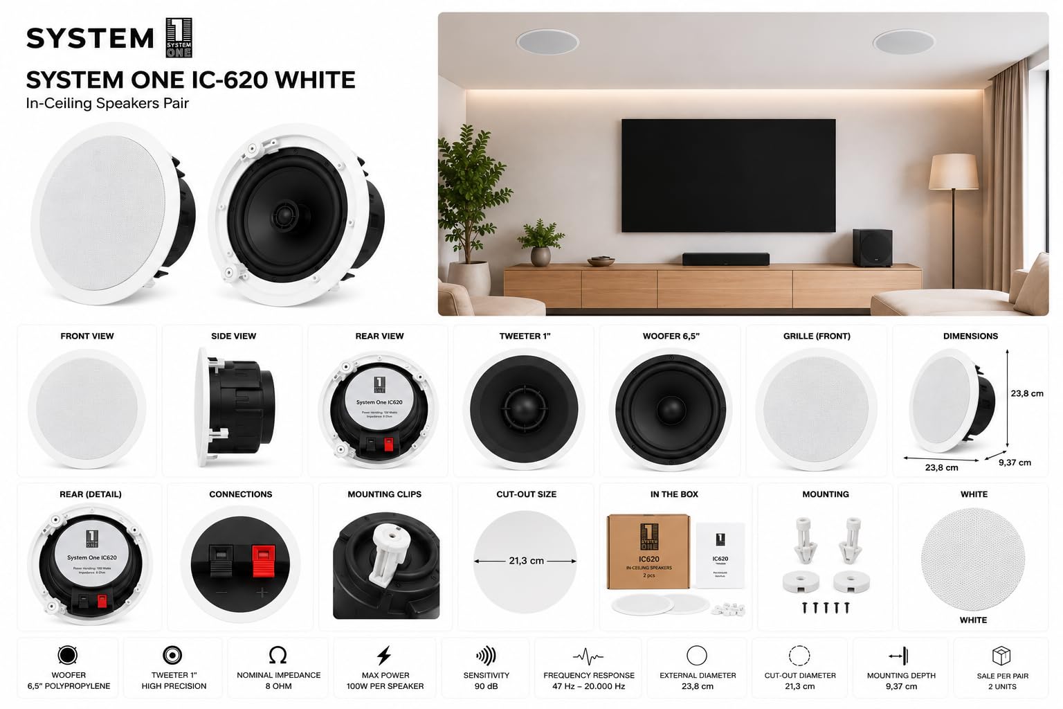RO&CO System One IC-620 – Pareja de Altavoces Empotrables 6,5″ 2 Vías 8 Ohm 100W, Pasivos con Cable, Requieren Amplificador Externo, No Bluetooth, Blancos para Techo o Pared.