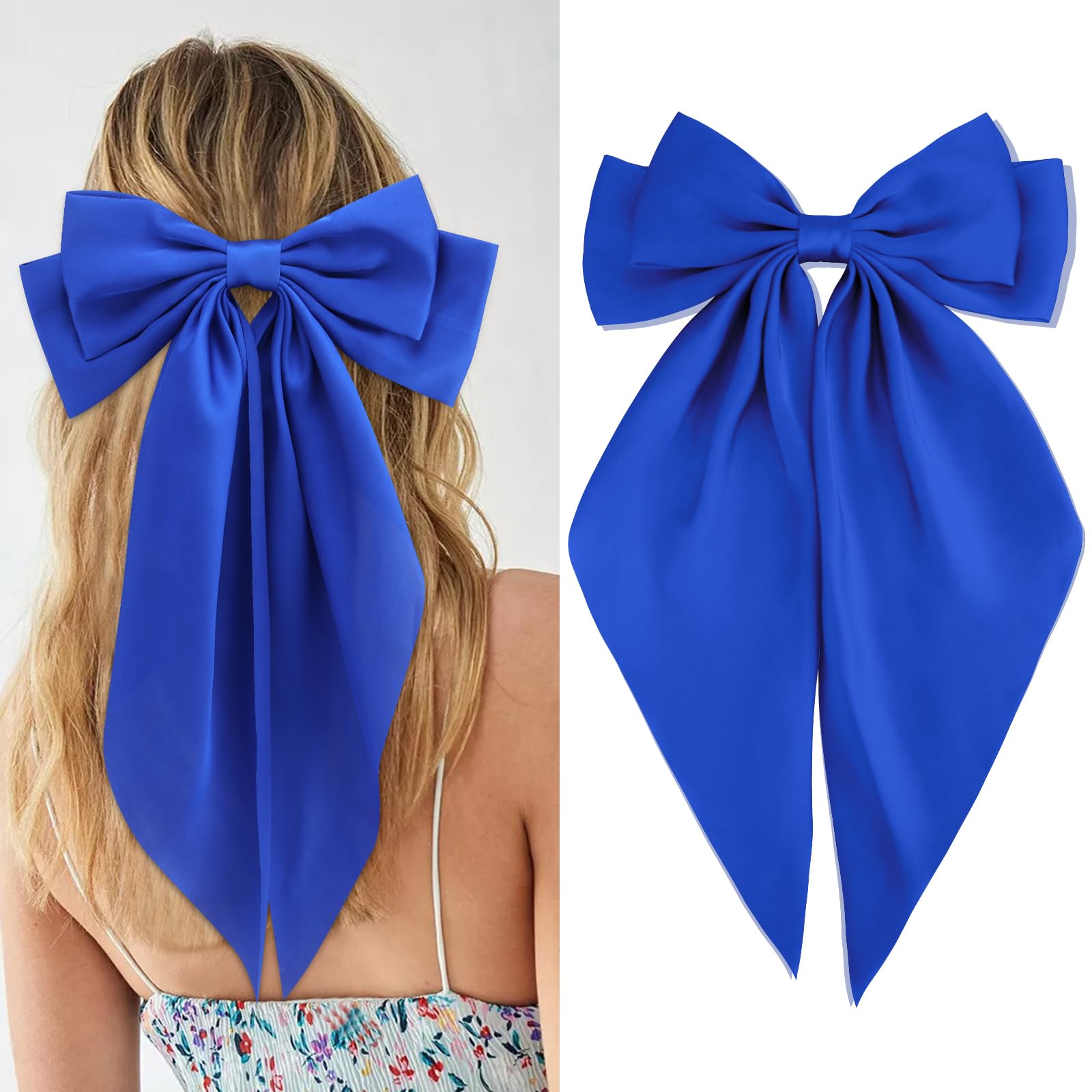 Velscrun Hair Bows for Women Girls Royal Blue Silky Satin Large Coquette Hair Bow Oversized Hair Ribbons Big Hair Bows Clip Long Tail Bowknot Hair