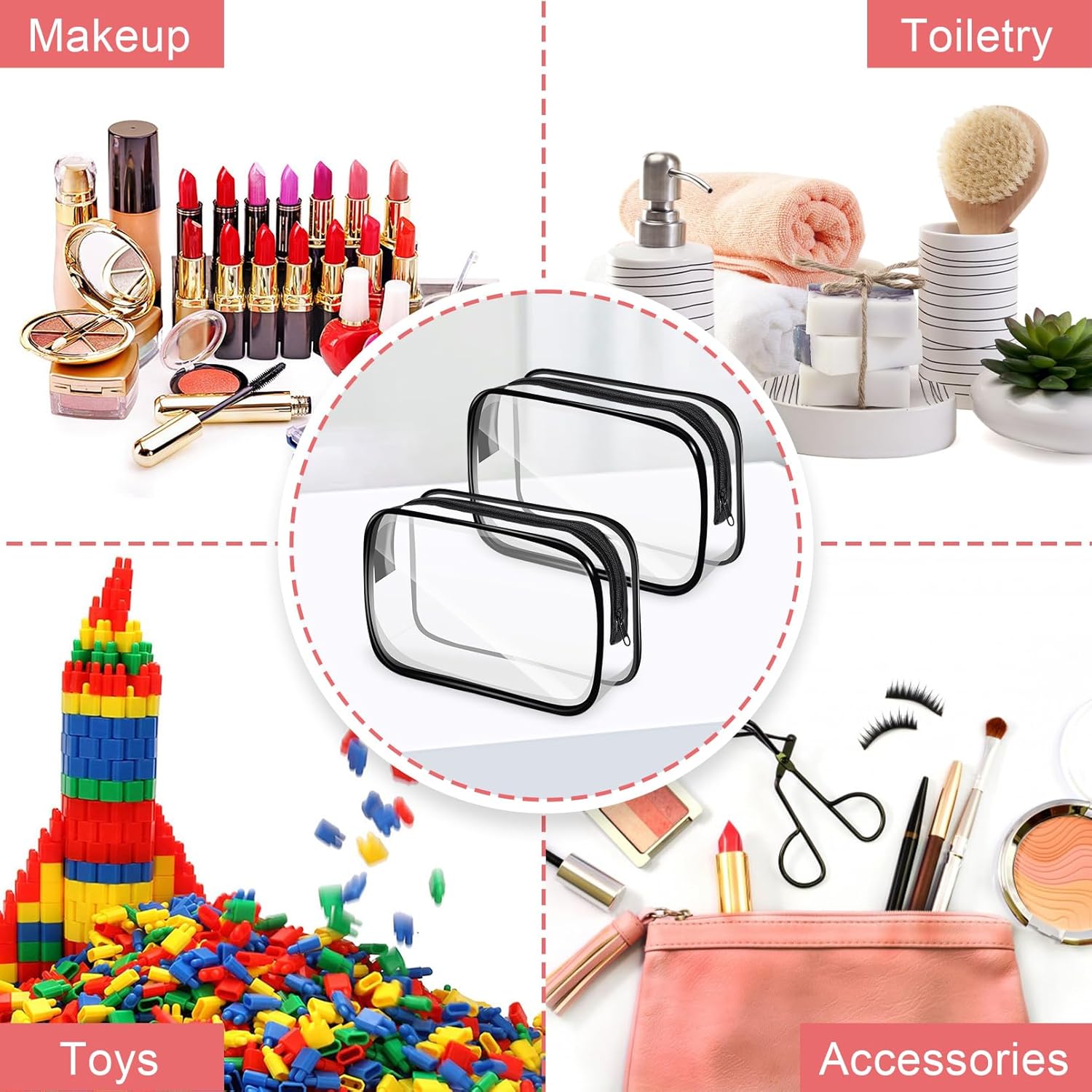 12 PCS Clear Makeup Bags,Clear Toiletry Bag,PVC Clear Cosmetic Bags with Zipper,Portable Transparent Toiletry Bags for Travel Women Men(Black,Large)