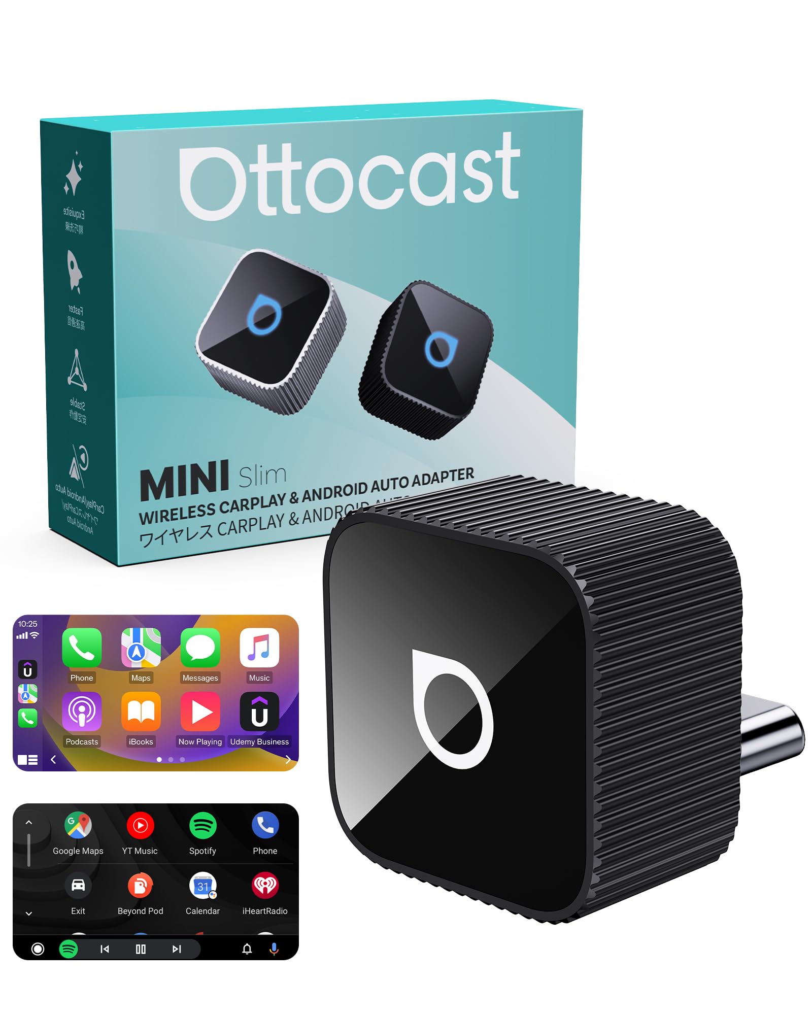 Ottocast Mini Cube 3.0 2026 Adattatore CarPlay e Android Auto Wireless | USB-C Plug & Play, Conversione da Cablato a Wireless, Connessione rapida in auto, Compatibile con CarPlay di Fabbrica (Nero)