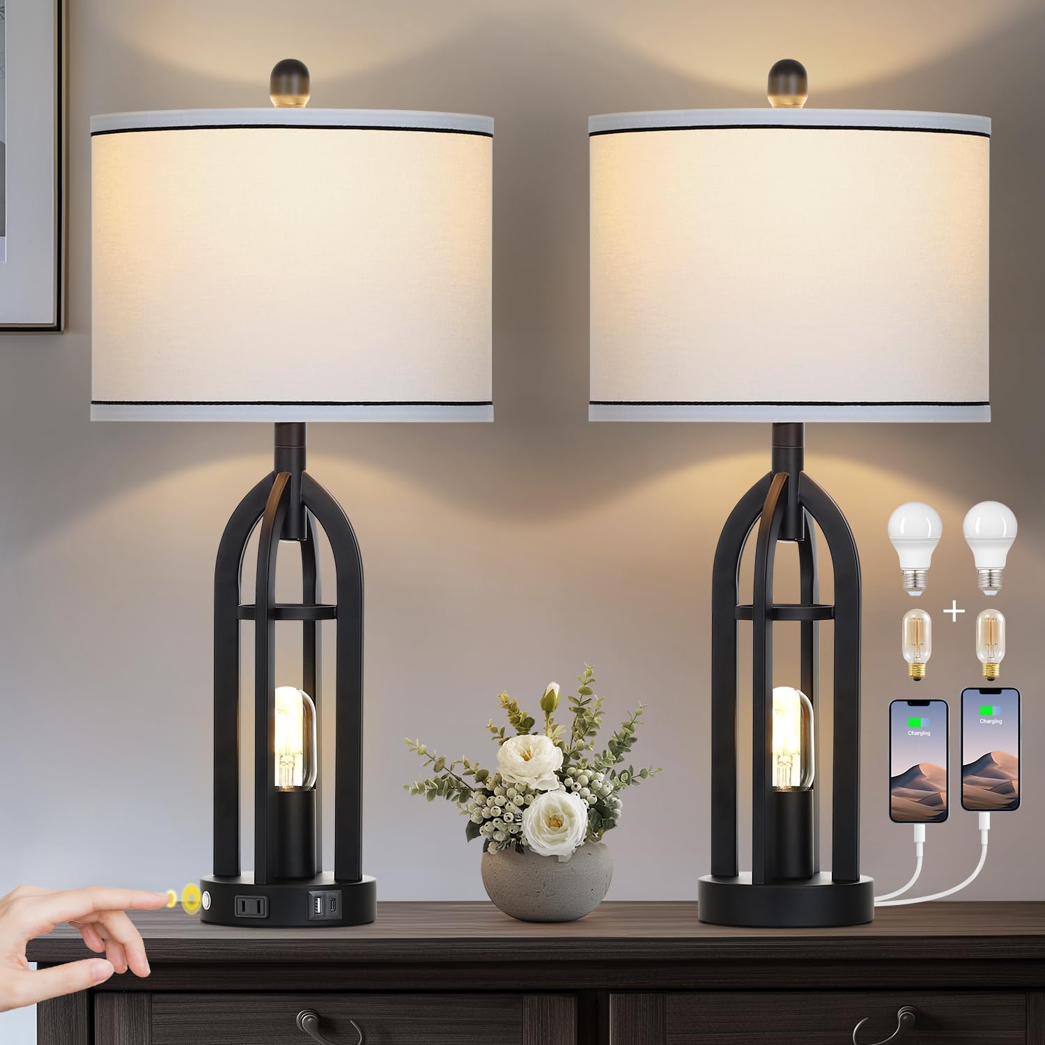 27" Black Table Lamp for Living Room,Black Table Lamps Set of 2 with USB & AC Outlet, 3-Way Dimmable Farmhouse Lamps for Night Stands, Vintage Bedside Lamp for End Tables, Nightstand Lamps for Bedroom