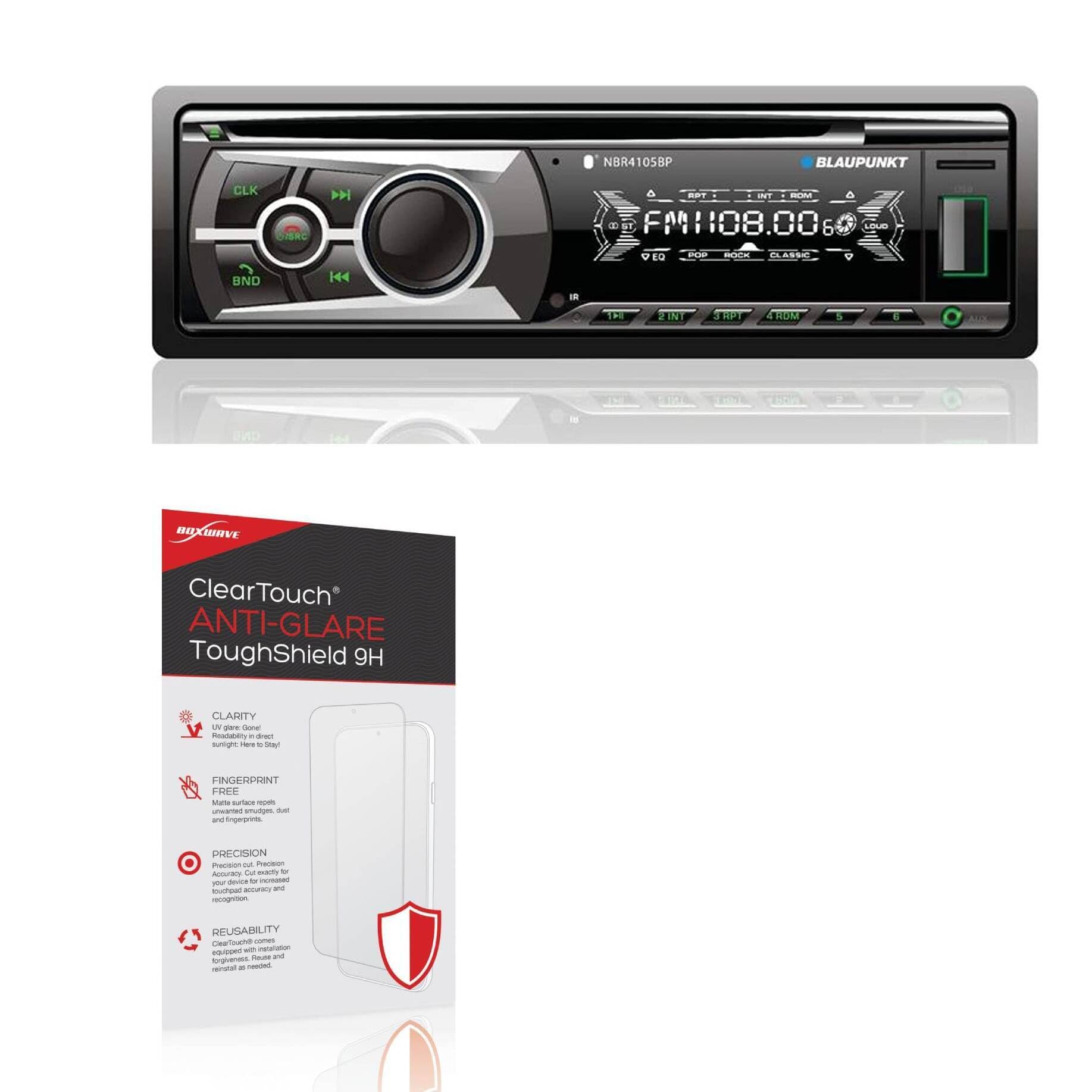 BoxWave ClearTouch Anti-Glare ToughShield 9H Screen Protector packaging showing key features like clarity, fingerprint-free, precision, and reusability.