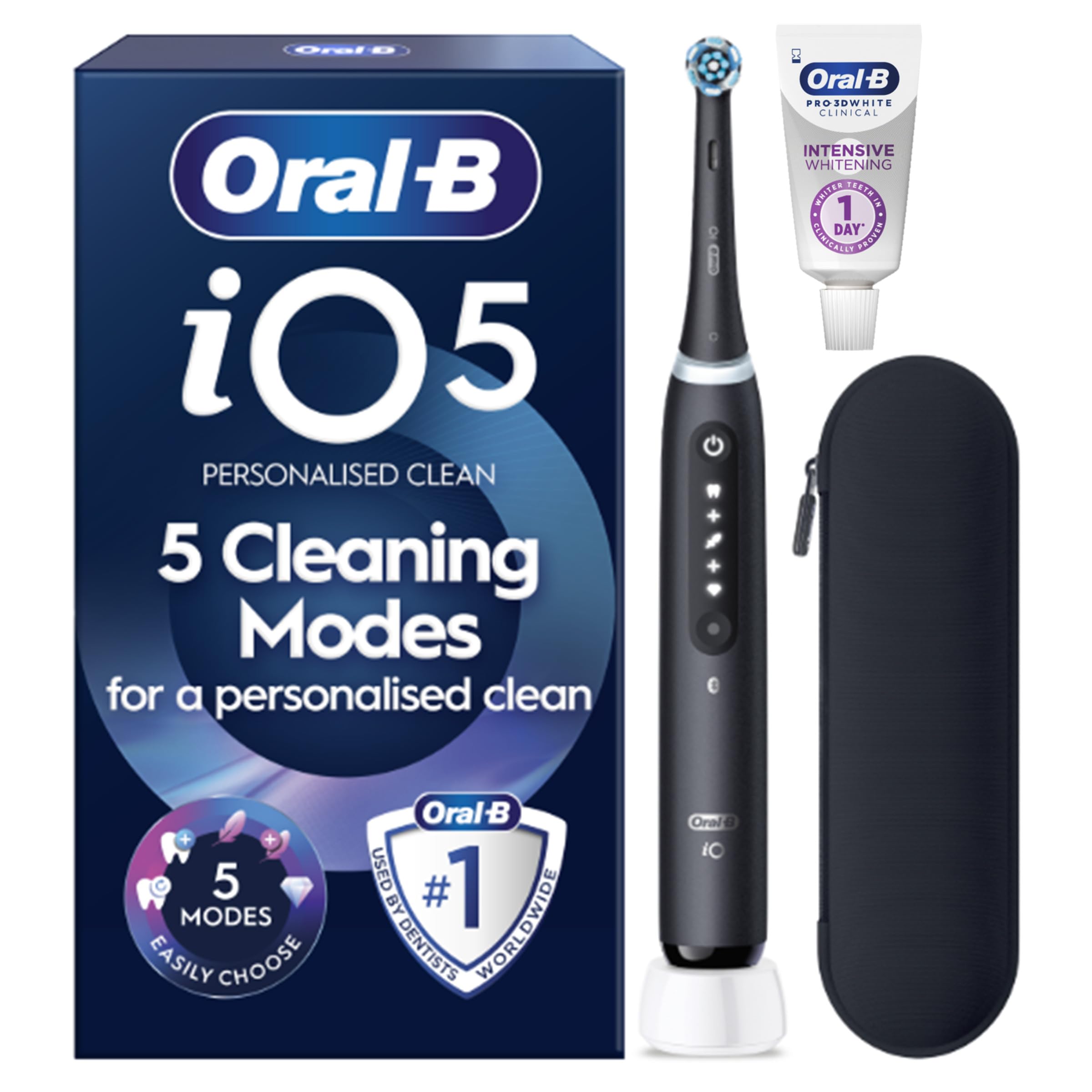 Oral-B iO5 Electric Toothbrush, Matt Black, with Travel Case and Toothpaste