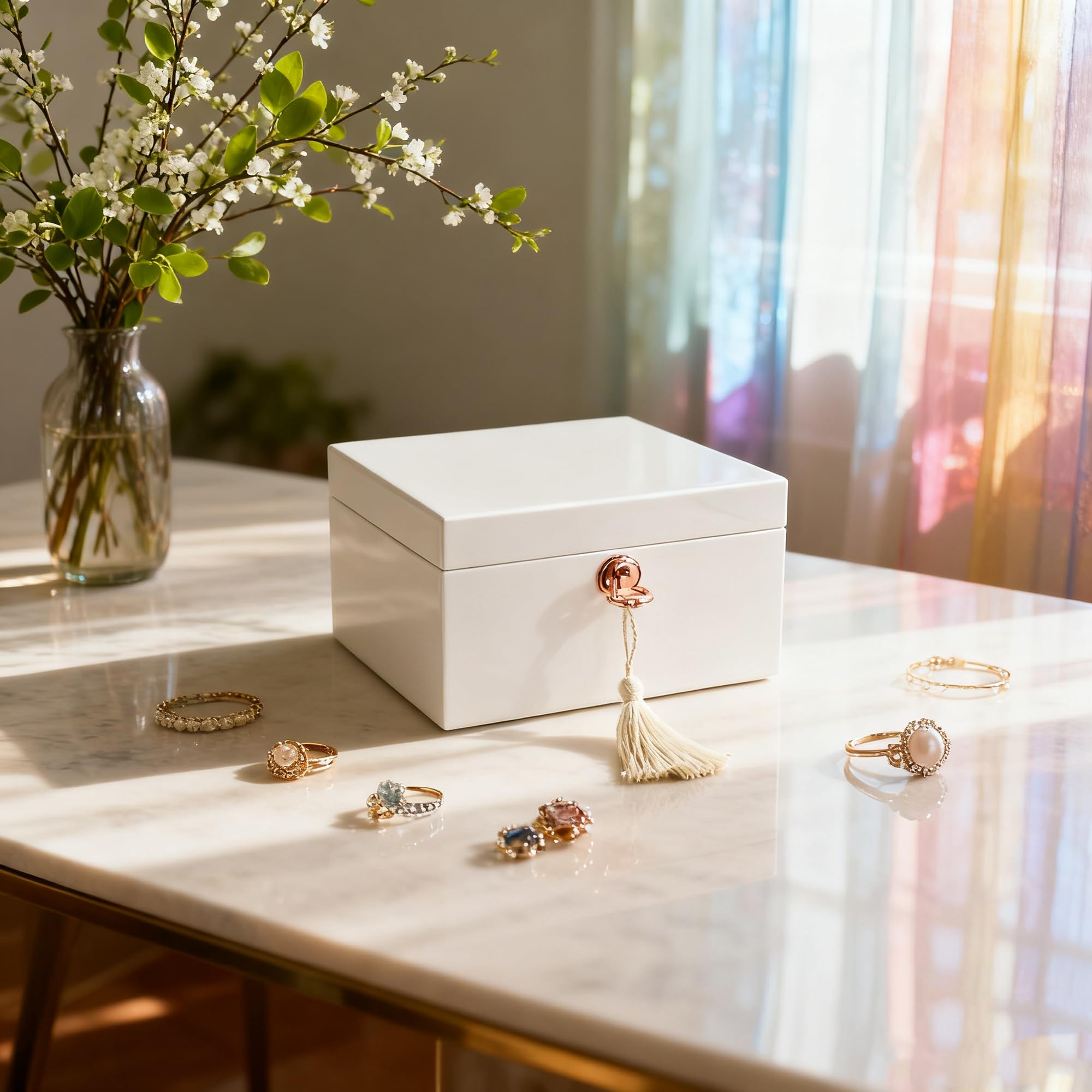 Boîte à bijoux musicale en bois blanc pour filles et femmes, boîte de rangement à bijoux, coffre à musique, cadeaux pour Noël, anniversaire, Saint-Valentin et toutes les fêtes - Finition