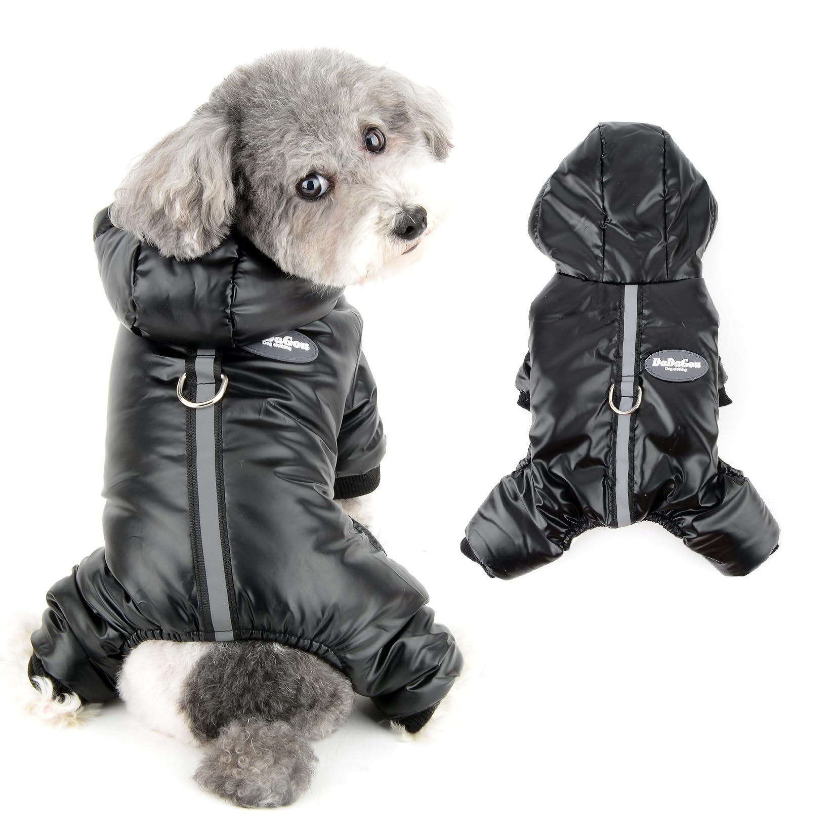 Ranphy Fleece Lined Dog Coat Hooded for Small Dog Waterproof Pet Jumpsuit with D-ring Warm Doggy Padded Reflective Strip Hoodie Puppy Jacket Winter Chihuahua Yorkie Cat Outdoor Snowsuit, Black, L