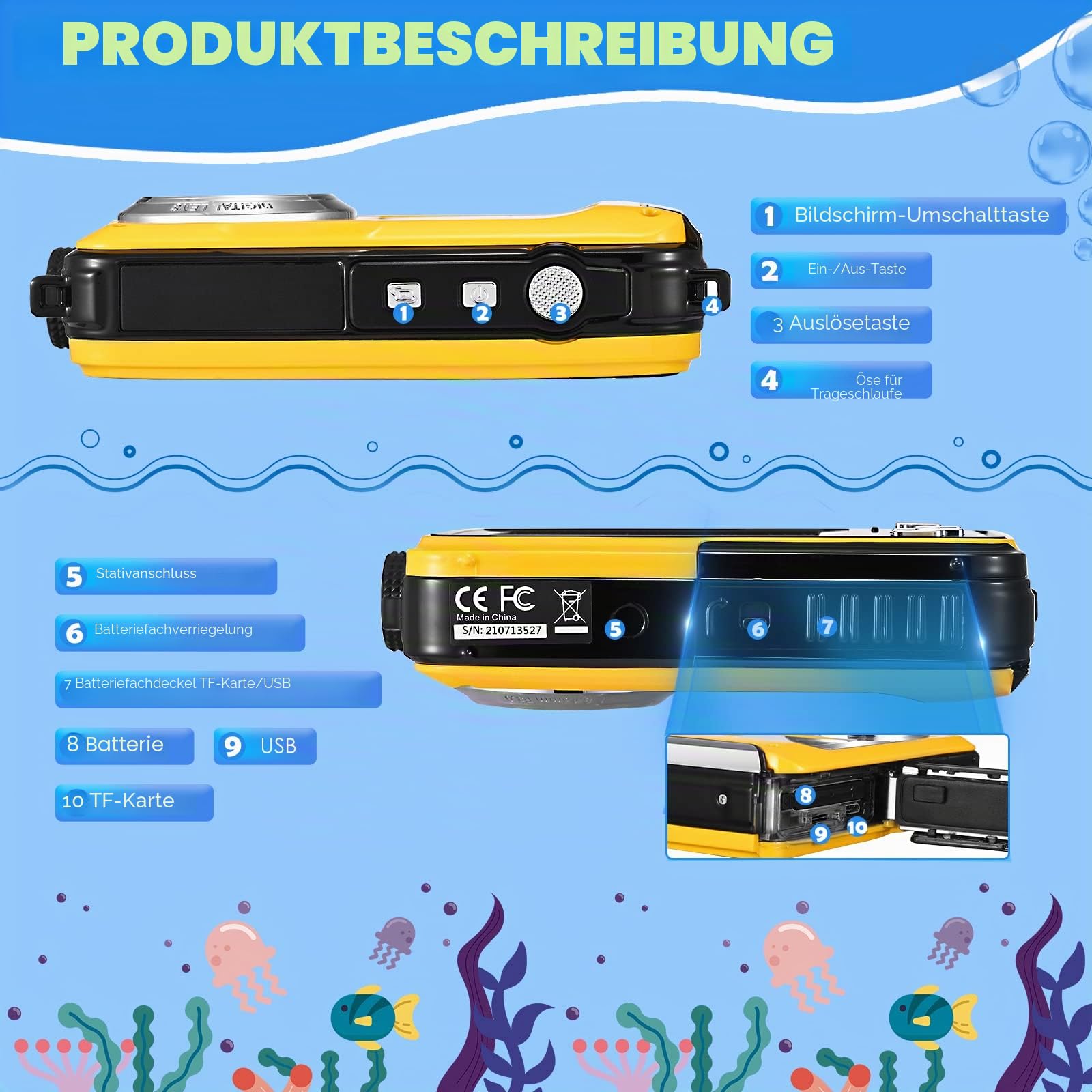 Digitalkamera, Wasserdicht, Full HD 2.7 K, 24 MP, Unterwasserkamera, 16 X Zoom, Wasserdicht, mit Doppelbildschirm, Autofocus für Jugendliche, Schüler, Anfänger, Gelb
