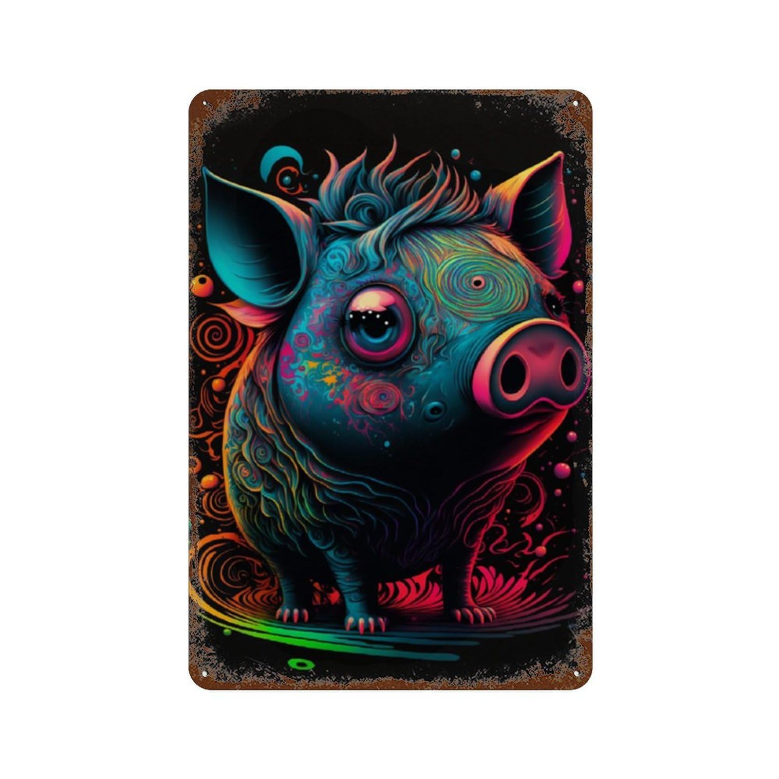 Colorful Pig Art Print 11.8"x7.9" Distressed Metal Wall Sign, Shabby Chic Decor for Shed, Workshop And Garage Wall Decor