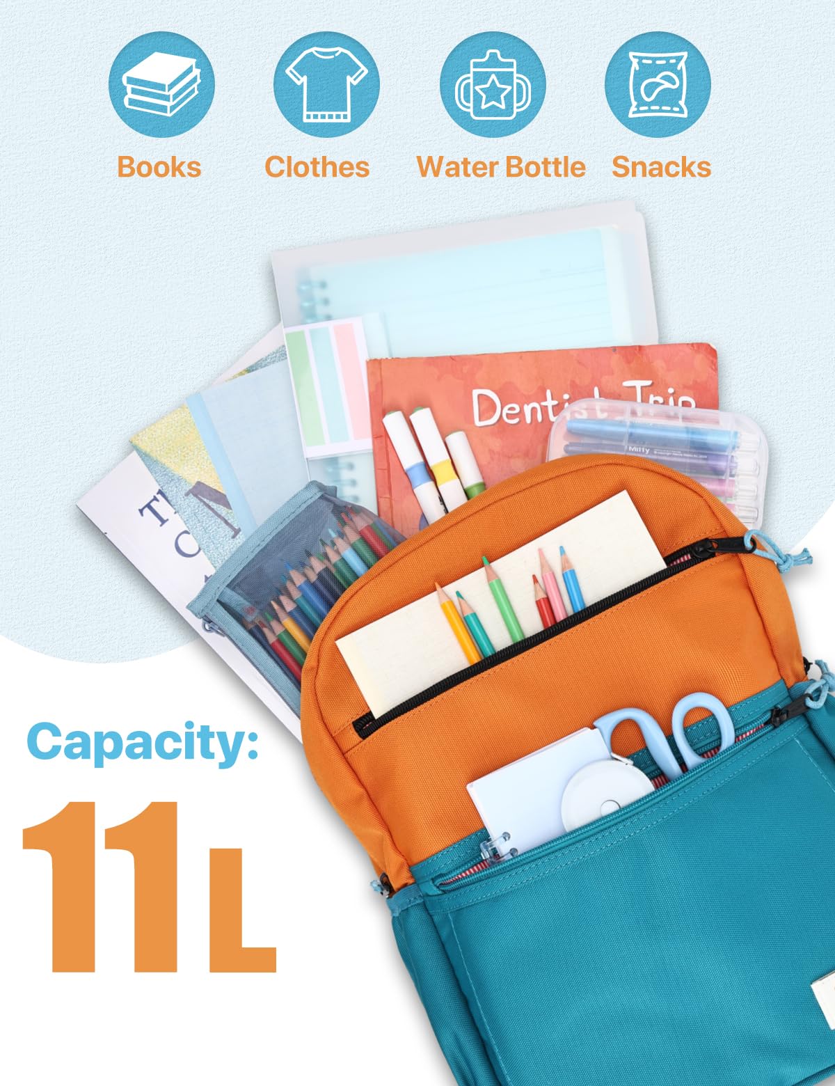 VASCHY Cartable Fille Garçon Primaire, Léger Sac à Dos Enfant 4 à 7 Ans pour Dossier A4 Multi-poches Résistant à l'Eau Bloc de Couleurs Sac d'École pour Scolaire Maternelle Voyage Vert Orange