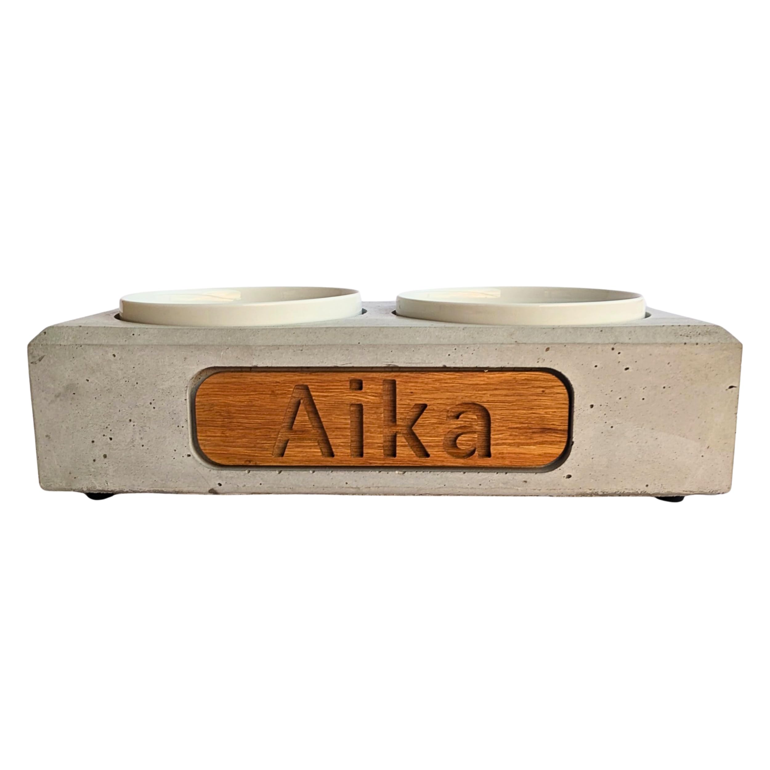 Personalisierte Futterstation aus Beton - Rutschfester Handmade Fressnapf mit modernen Design - 2 x 1,3 L hochwertige Porzellanschüsseln (Betonoptik)