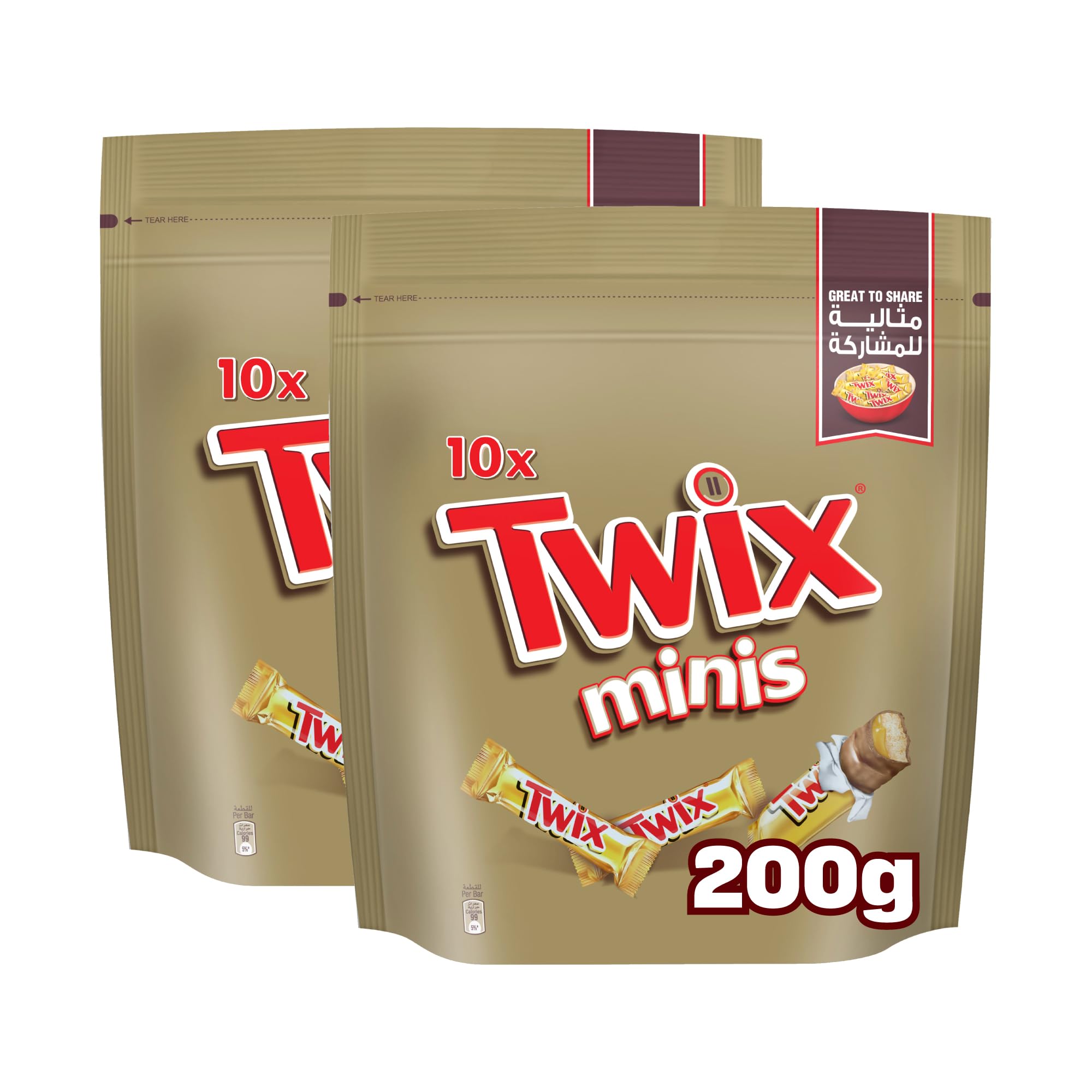 Twix Original Minis, Pack of 2x200g, 10 Mini Bars of Twix Chocolate, Crispy Biscuit Candy Bars Layered with Caramel and Milk Chocolate