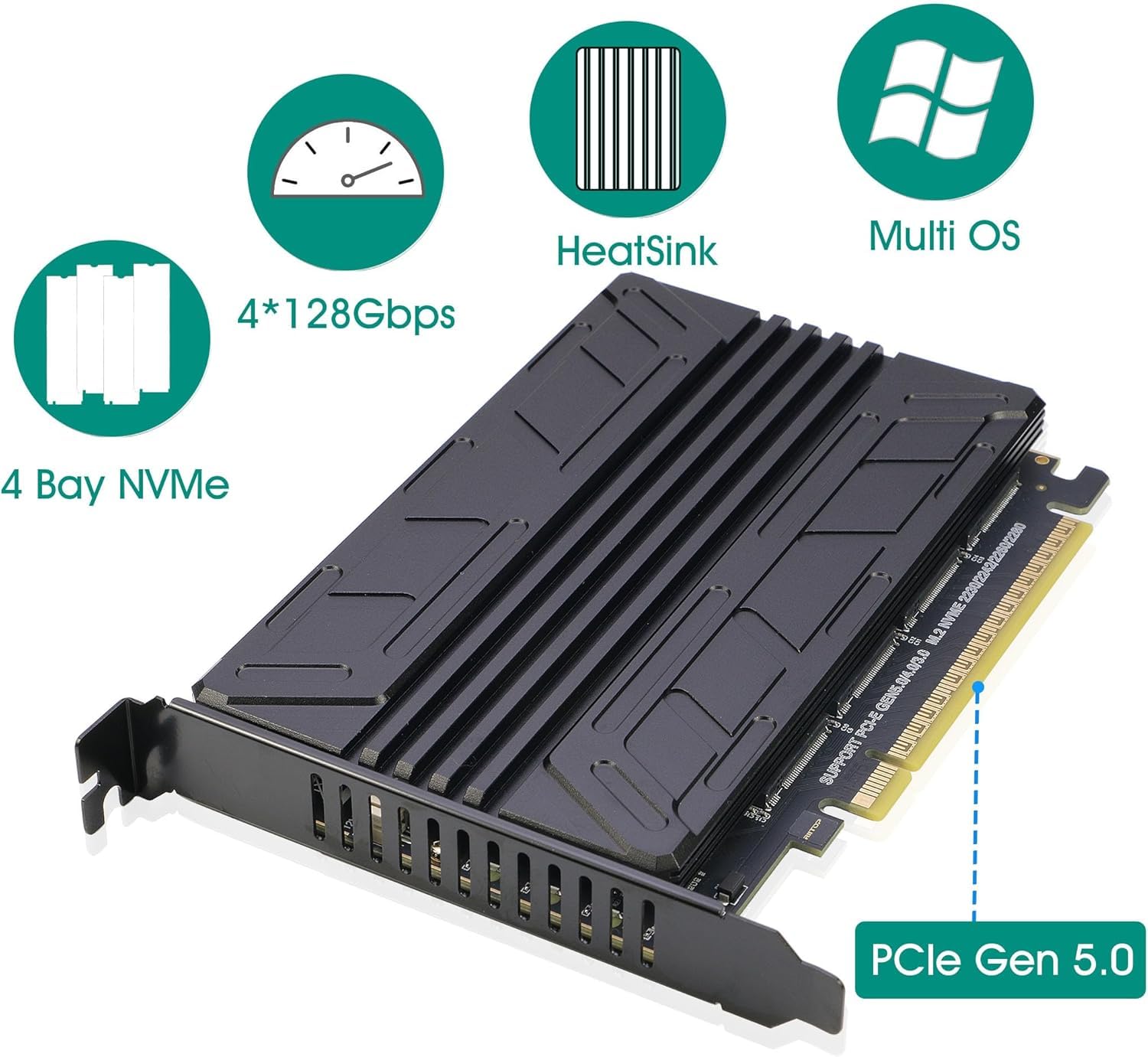 Adaptador Quad NVMe PCIe 5.0 con disipador de calor, RIITOP PCIe 5.0 x16 a 4 tarjetas NVMe para SSD 2280/2260/2242/2230 M.2 M.2 (llave M), requiere verificación PCIe