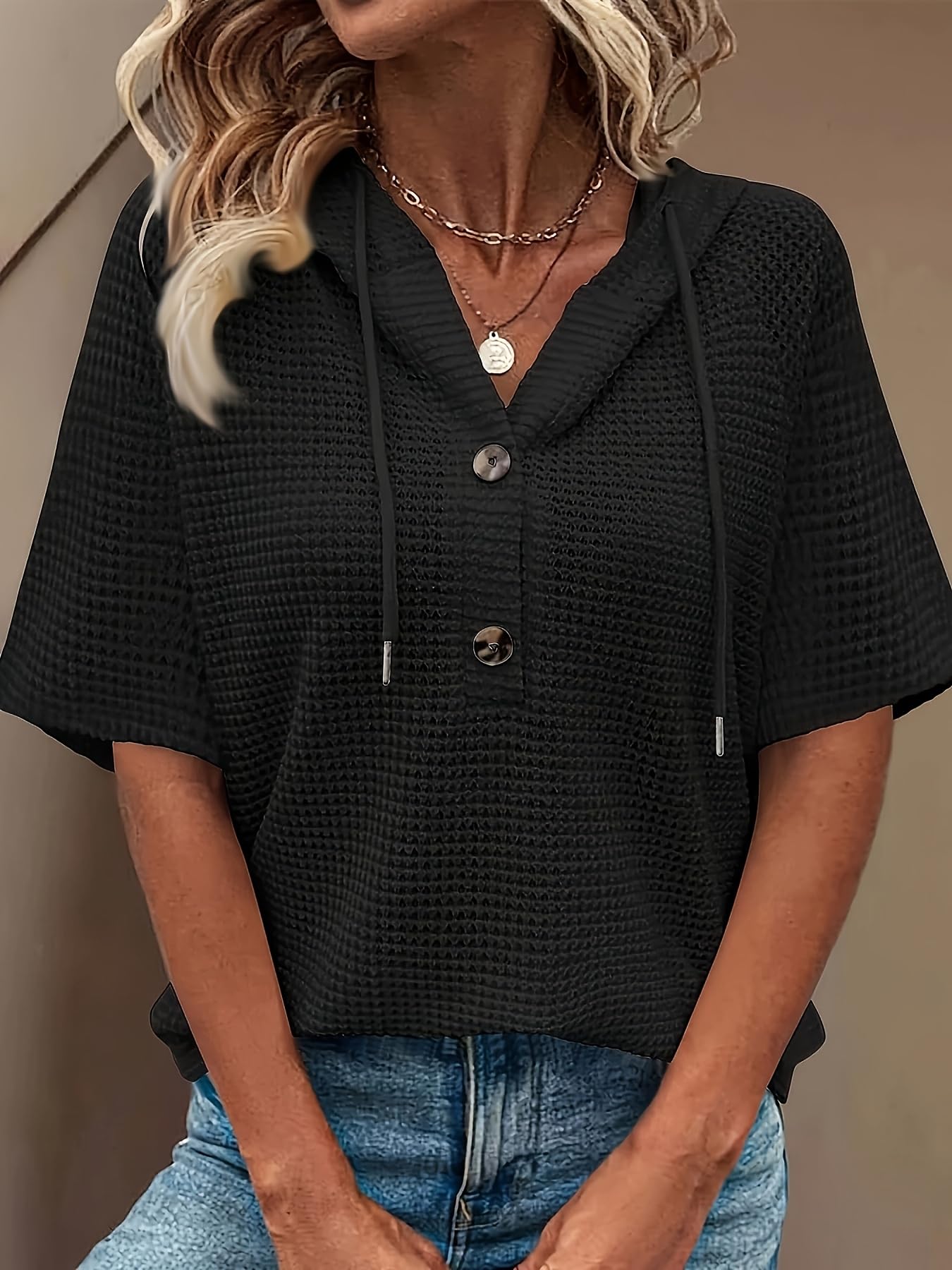 Camisetas de verano para mujer, de manga corta, ligeras, con cordón, con botones, cuello en V, blusas casuales