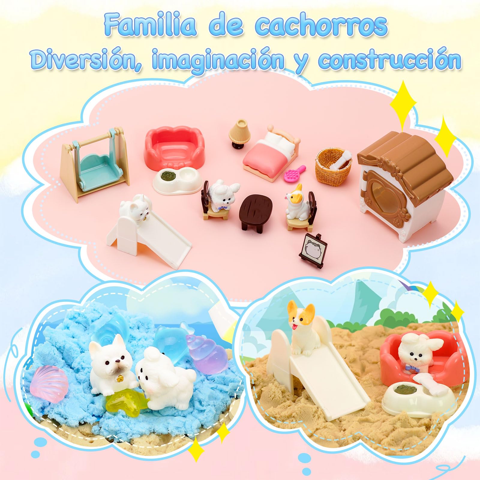 VBACALA Arena Mágica Set con Arenero de 2 Pisos,500g Arena,Figuras Perros Gatos,Set Sand con Temática Animales Domésticos,Juego Arenas Sensorial para Niños 3+ Años,Regalo para Niños Niñas