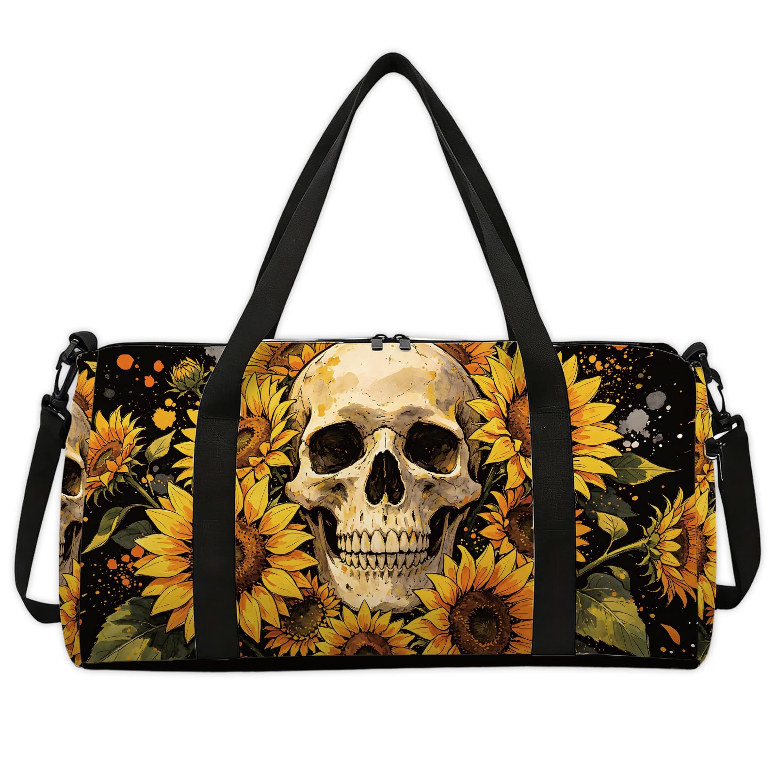 CONCHLERY Sunflower Skull Sports Gym Bag Gothic Style Duffel Bags Foldable Gym Bag for Men Women Travel Workout Fitness, 17.7x7.87x9.44inches