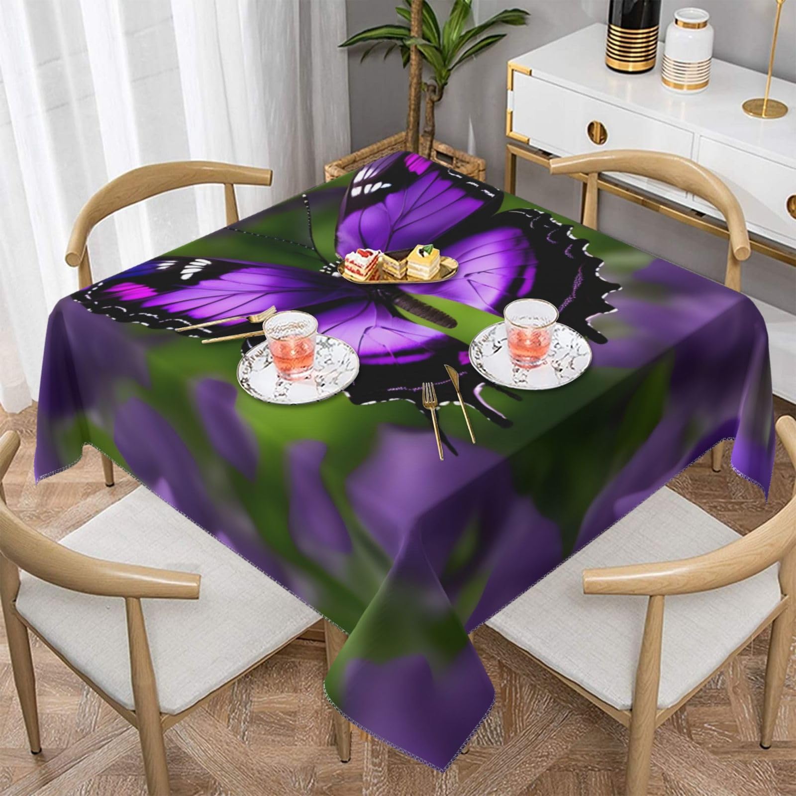 Nappe carrée papillon violet infroissable pour table de salle à manger festive