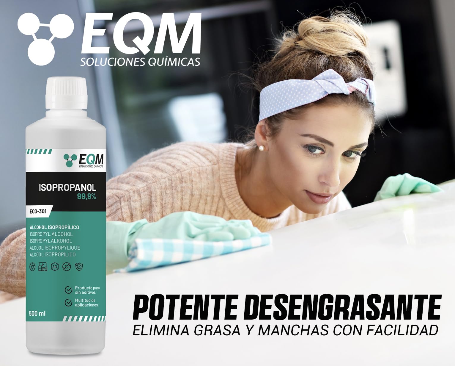 EQM - ECO-301 - Alcohol Isopropílico 99,9% - 500 ML - Isopropanol - Limpieza componentes electrónicos, objetivos y pantallas - Limpieza de resinas en impresión 3D - Limpiacristales y desengrasante