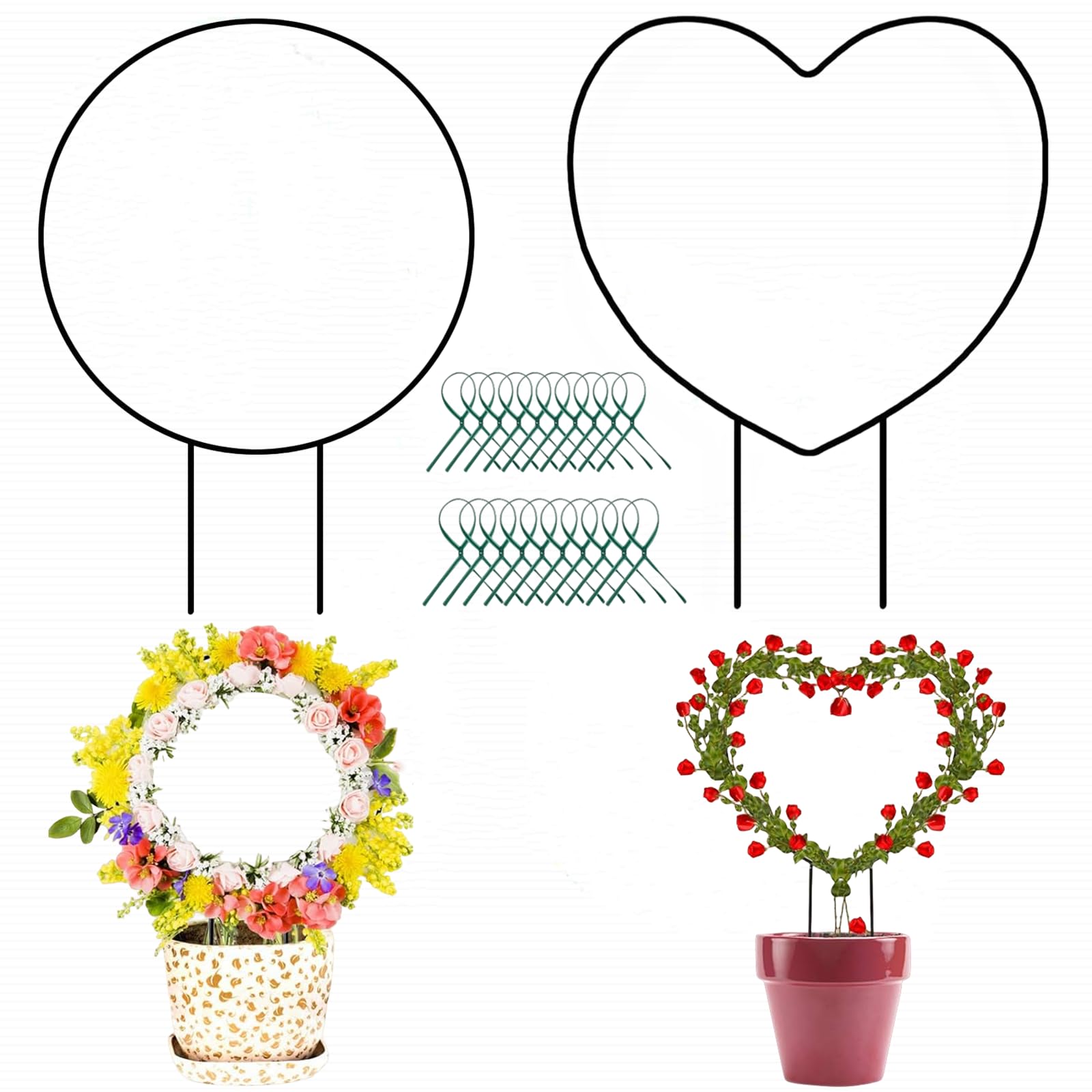 2PCS Metal Trellis with Black Coating, Iron Stand Climbing Holder for Potted Plants Flowers, Indoor & Outdoor, Includes 20 Plant Twist Tie, 1xRound+1xHeart