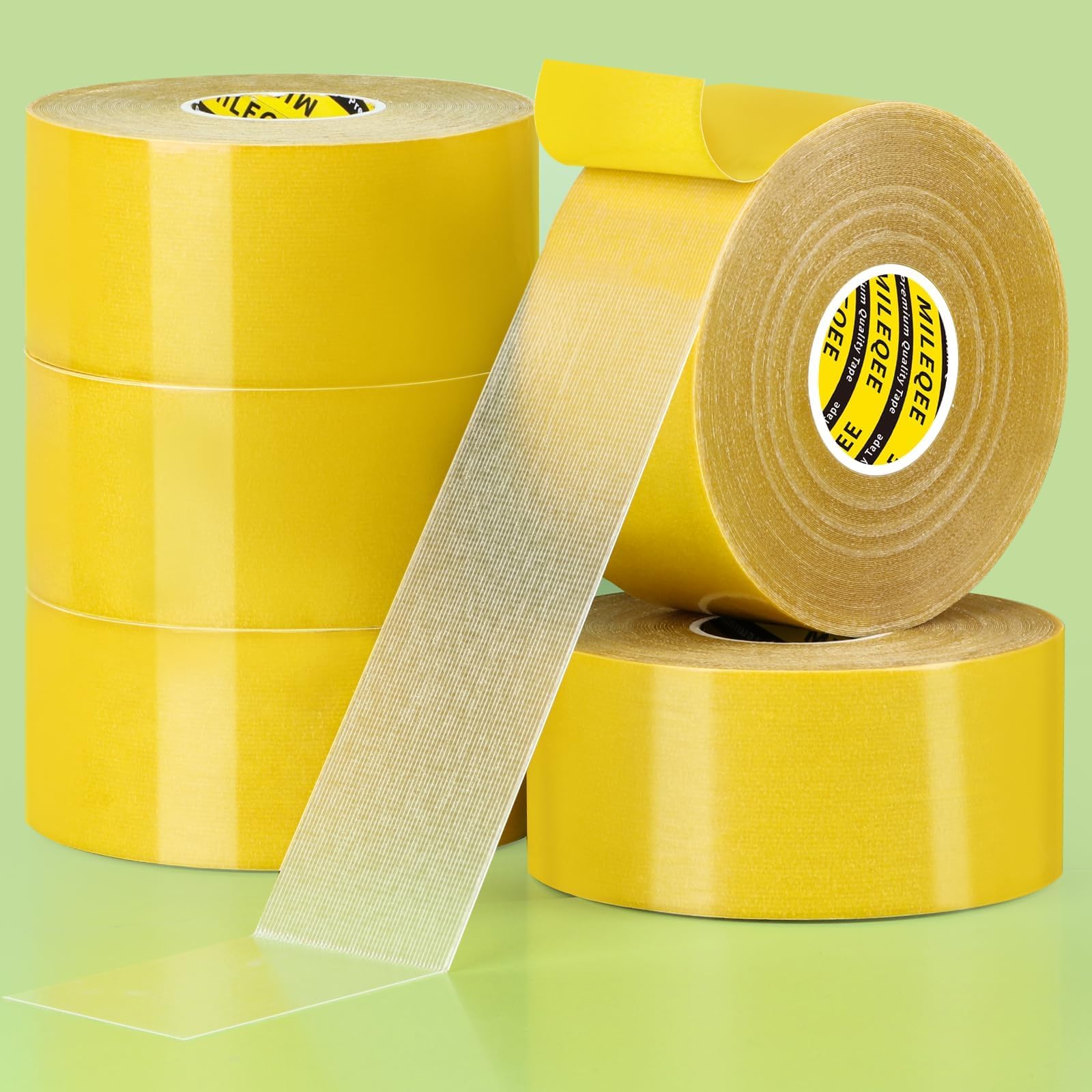 Paquete de 5 cintas de doble cara resistentes, 2 pulgadas x 66 pies (330 pies en total), cinta transparente súper pegajosa, adhesivo universal de alta adherencia fuerte con malla de fibra de