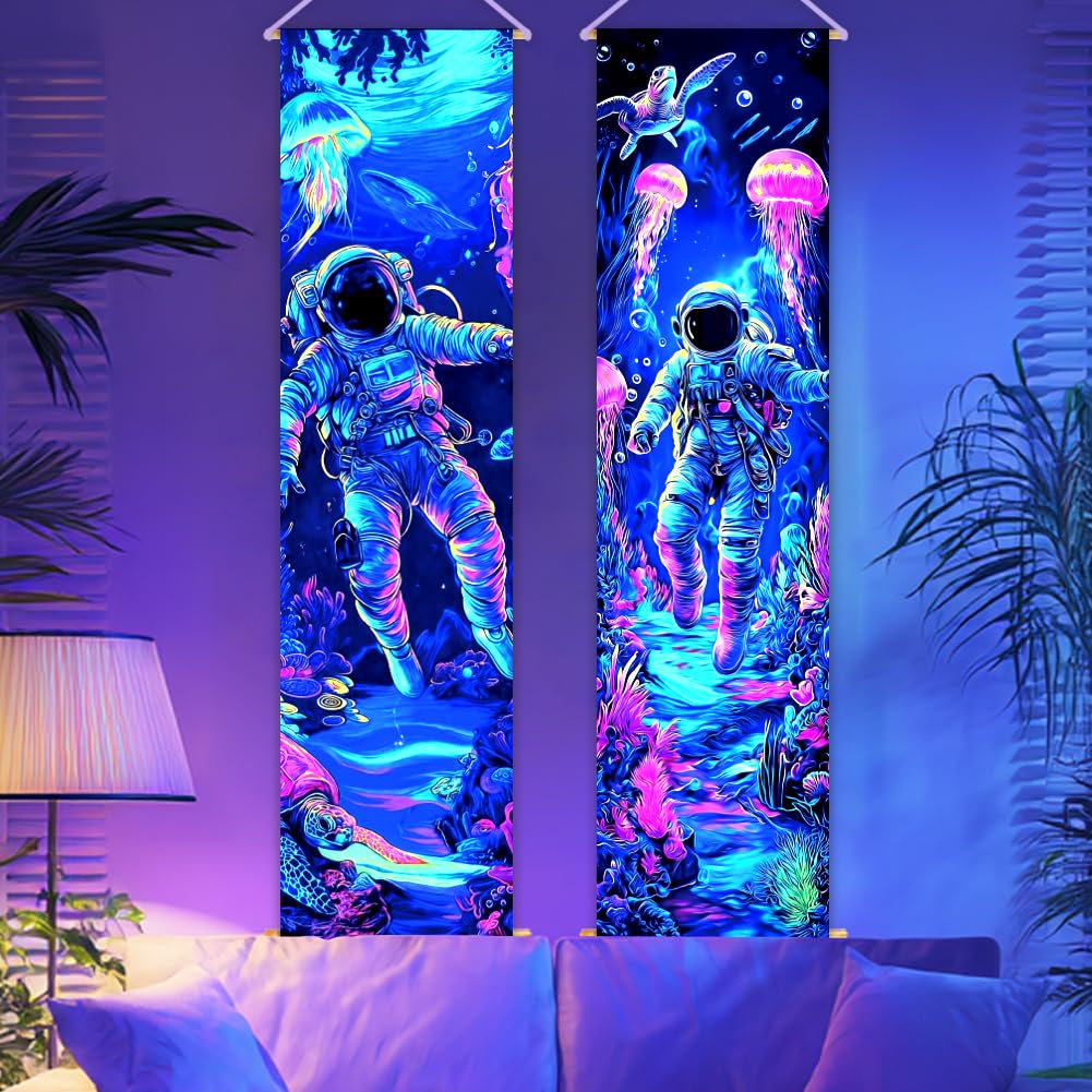 CRAFTYMELODY 2 Pack Blacklight Underwater Tapestry Glow in the Dark Tapestry UV Reactive Jellyfish Astronaut Wall Hanging 12.9×15.1 Inch with Rope Wooden Rod for Bedroom Dormitory Home Wall Decoration — image 1