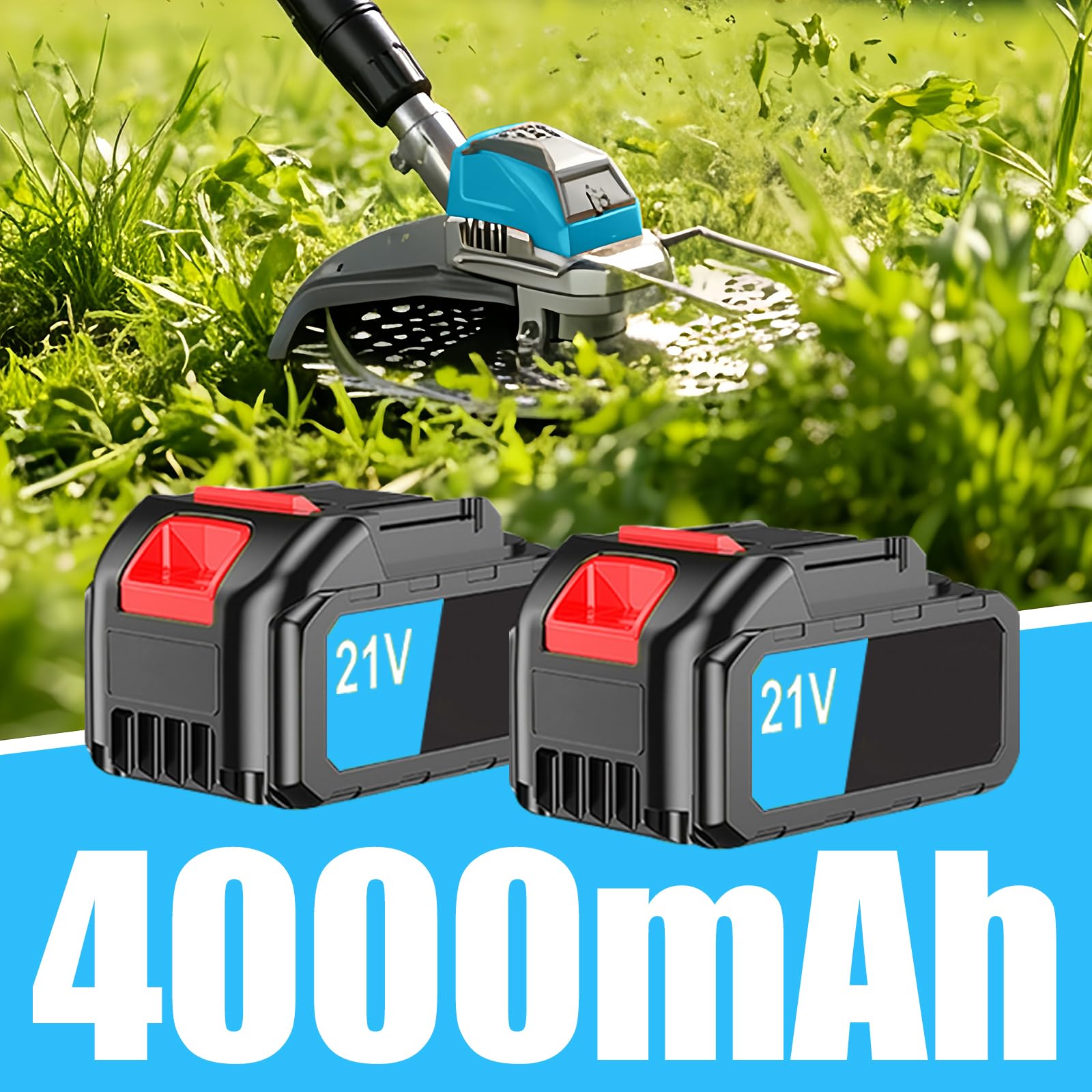 Desbrozadora eléctrica con batería con cepillo para malas hierbas, 21 V, desbrozadora eléctrica con batería, 2 baterías de 4,0 Ah y cargador, cabezal ajustable, mango telescópico para jardín, césped