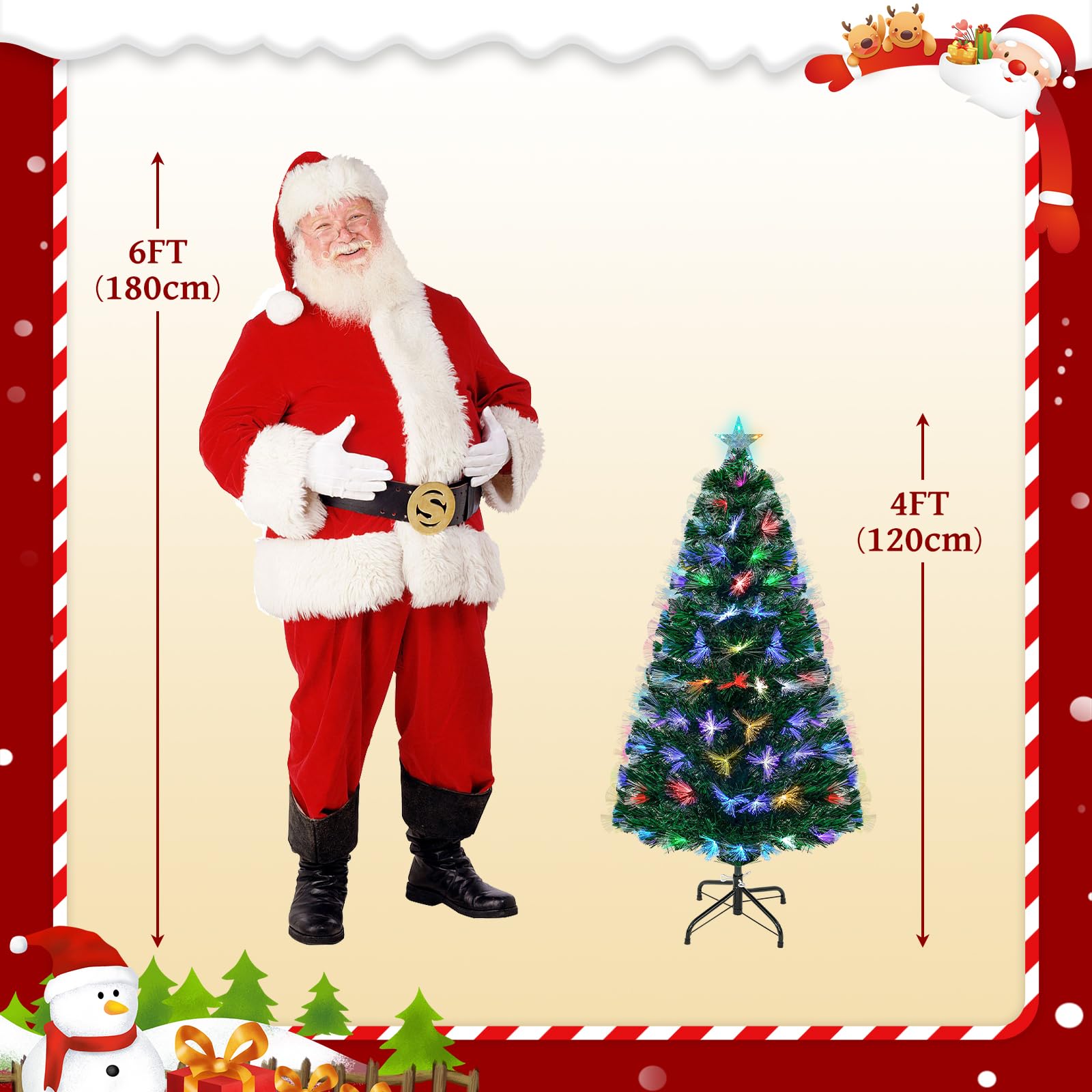 Uten 120 cm Künstlicher Weihnachtsbaum, mit integrierten mehrfarbigen Glasfaser Licht, 125 PVC-Spitzen, Vorgeleuchteter Tannenbaum mit Metallständer