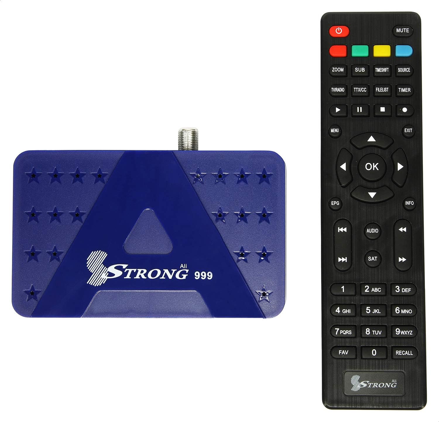 Top view of Strong 999 Satellite Receiver with its remote control