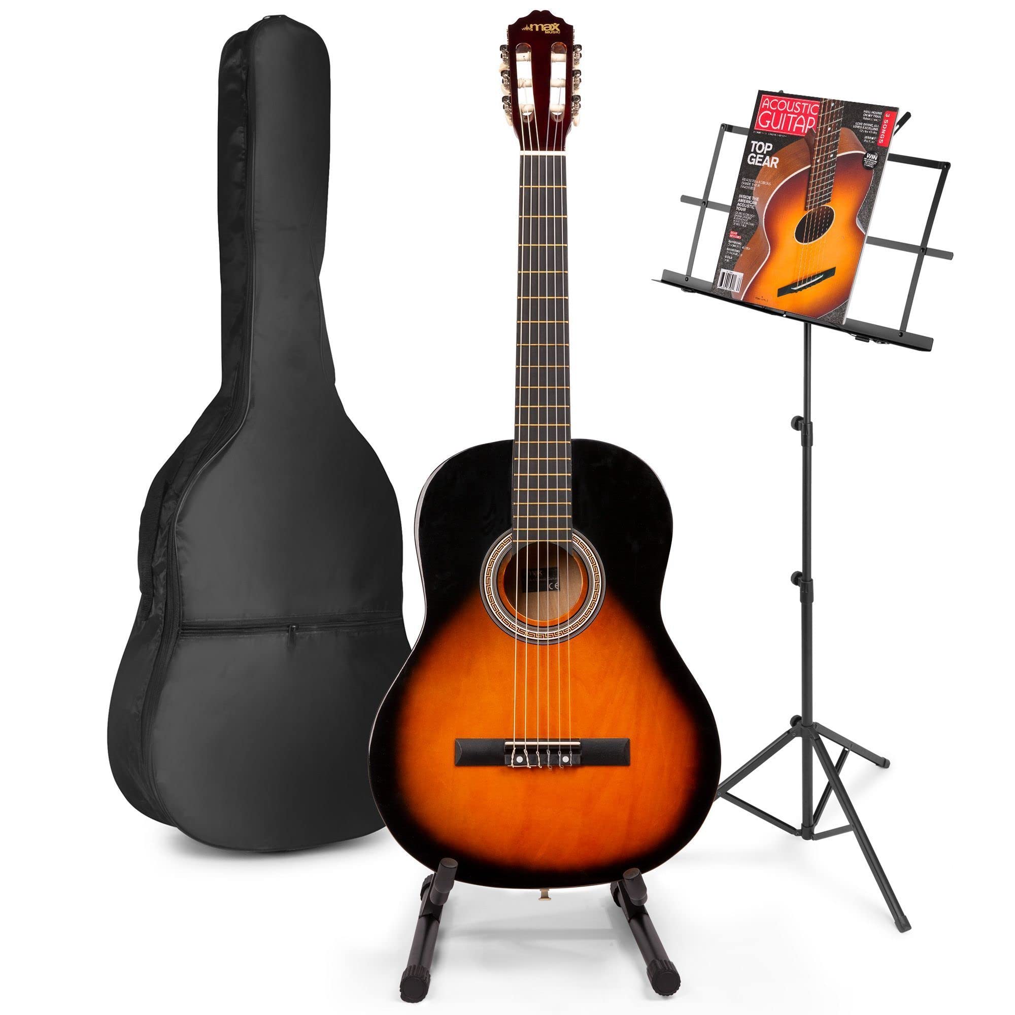 MAX SoloArt Konzertgitarre 4/4, Akustik Gitarre für Anfänger mit Tasche, Gitarrenständer, Notenständer, Stimmgerät, Plektrum, Gurt und Zubehör, Acoustic Guitar, Akustikgitarre in Sunburst