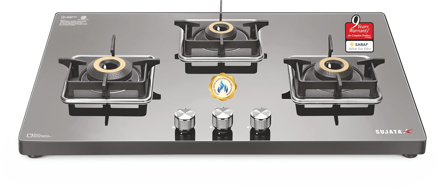 Sujata Premium 3 Burner Gas Stove | 9 YR Warranty, Auto Ignition, SABAF Valve