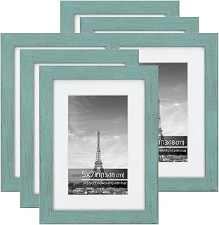 5x7 Farmhouse Gallery Picture Frame Collage Set, Rustic Teal Blue Textur...