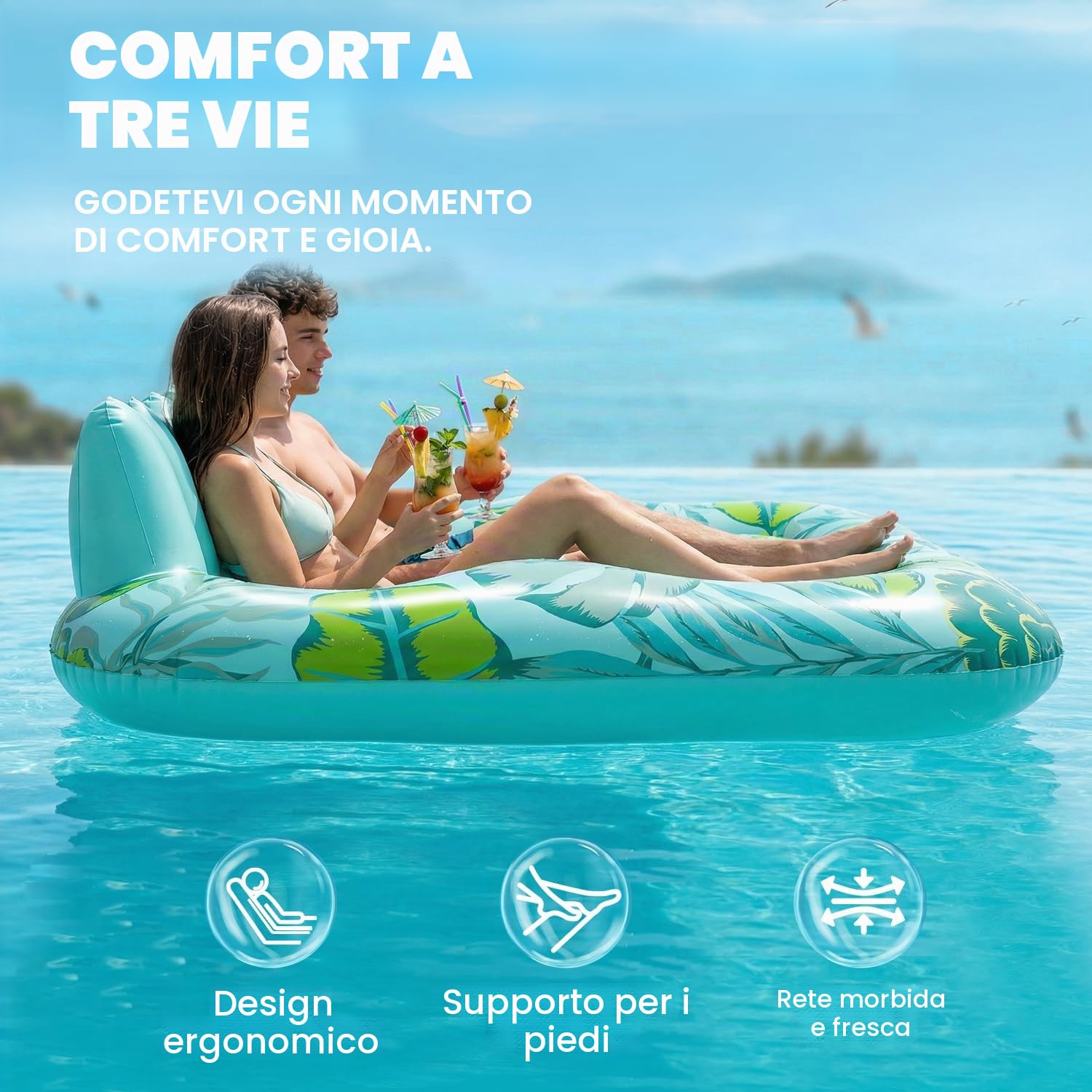 SOLAVERO Materassino Gonfiabile Piscina, 180 × 156 cm Lettino Gonfiabile Piscina 2 Posti con Portabevande e Poggiatesta, Materassino Abbronzante per Spiaggia e Acqua Festa