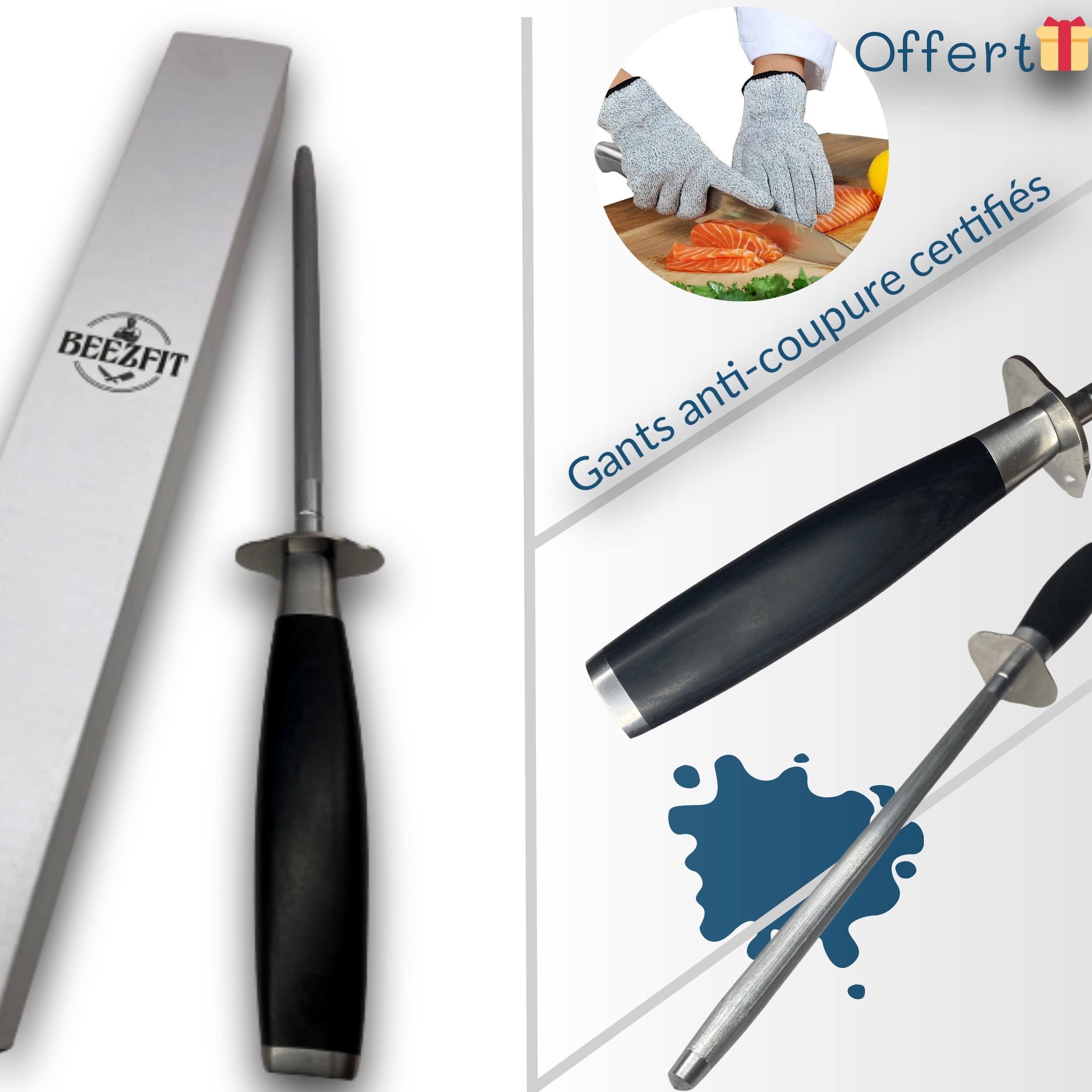 Fusil à Aiguiser Professionnel 34 Cm Beezfit - Acier Chromé Grain Fin, Manche Bois Pakkawood, Pour Couteaux Et Ciseaux