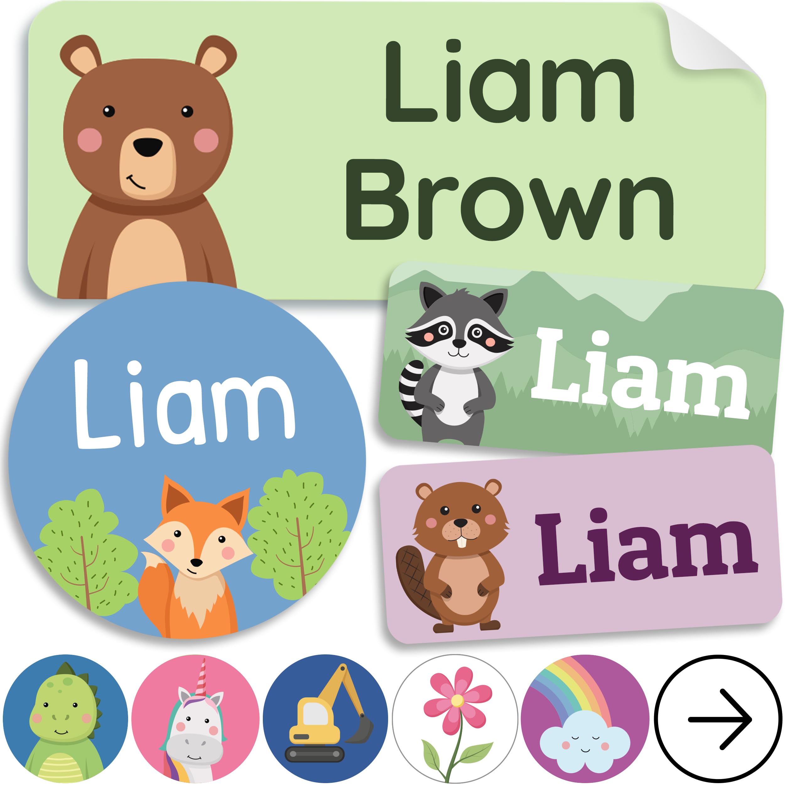 melu kids® Name Sticker Set Kids for Clothes & Objects (150 Pieces) Name Tags for School, Nursery and Kindergarten, Waterproof and in Various Sizes - Animal Forest