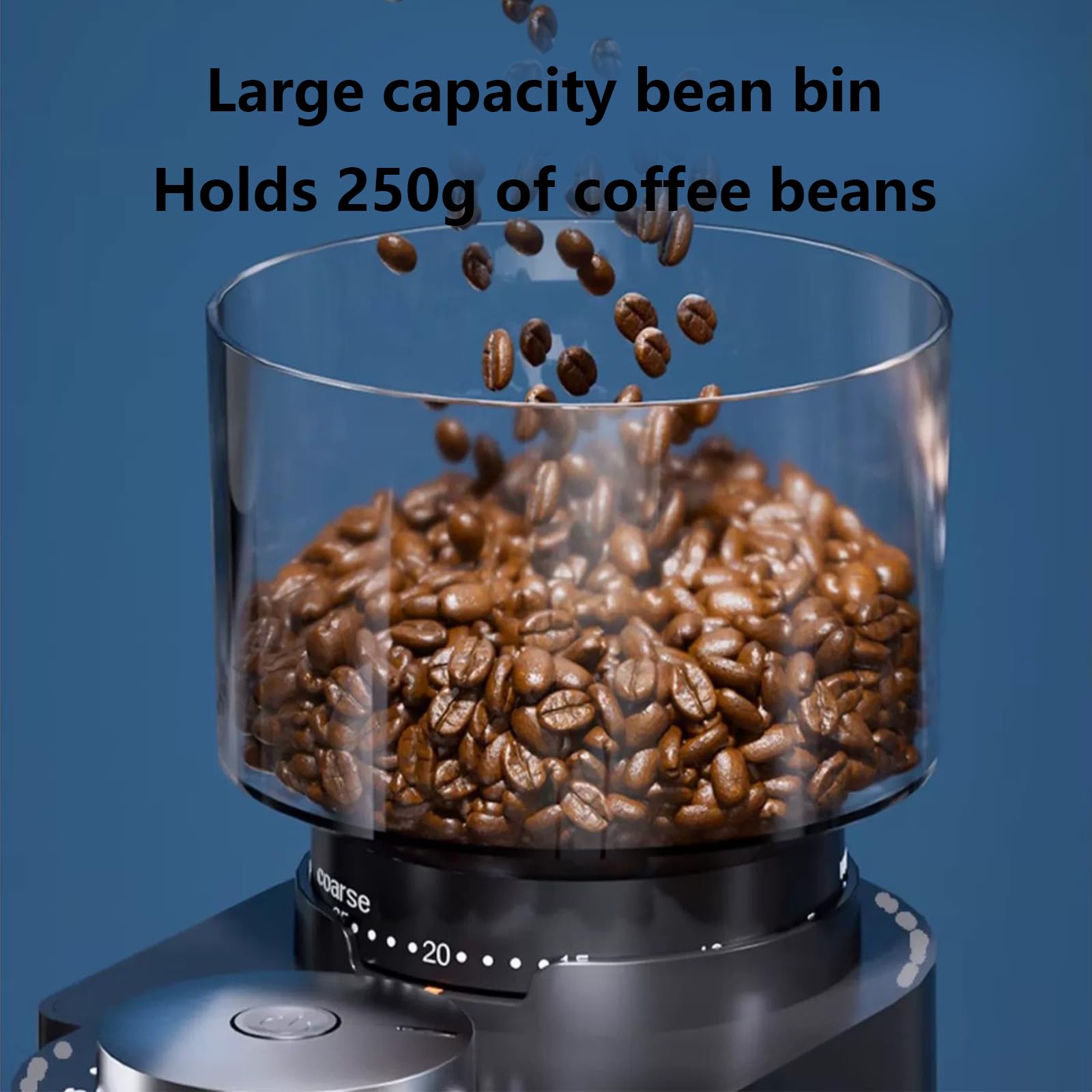 Młynek żarnowy do ziaren kawy ze stali nierdzewnej, młynek do kawy 250 gramów, inteligentne pokrętło dozujące, 25 ustawień grubości, do espresso/Drip/French Press/American Coffee black