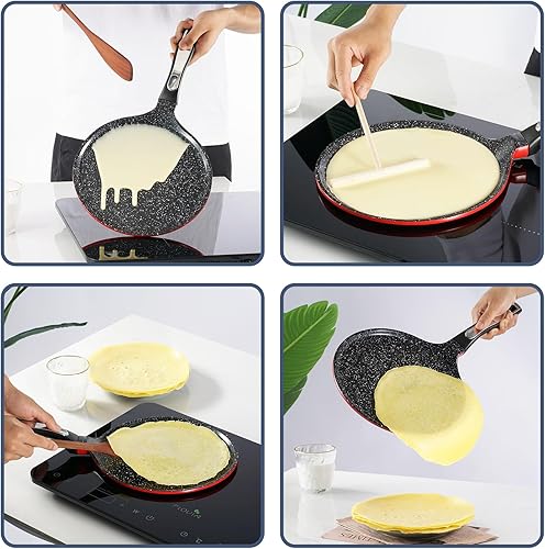 Miniatura 5 de ROSSETTO - Sartén antiadherente para crepes de Francia, sartén para panqueques con revestimiento de cerámica roja de 11 pulgadas con esparcidor, sin