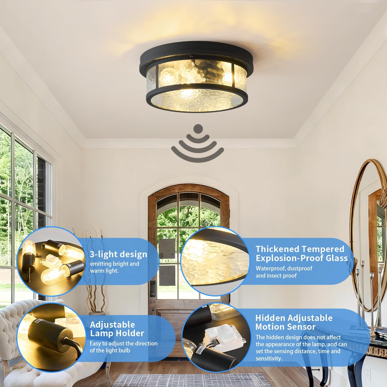 Adjustable Motion Sensor Flush Mount Ceiling Lights Fixture with Water Ripples Glass Shade,Round Matte Black Metal Modern Ceiling Lamp for Entryway,Hallway,Porch,Patio and Garage,12 inch,3-Light