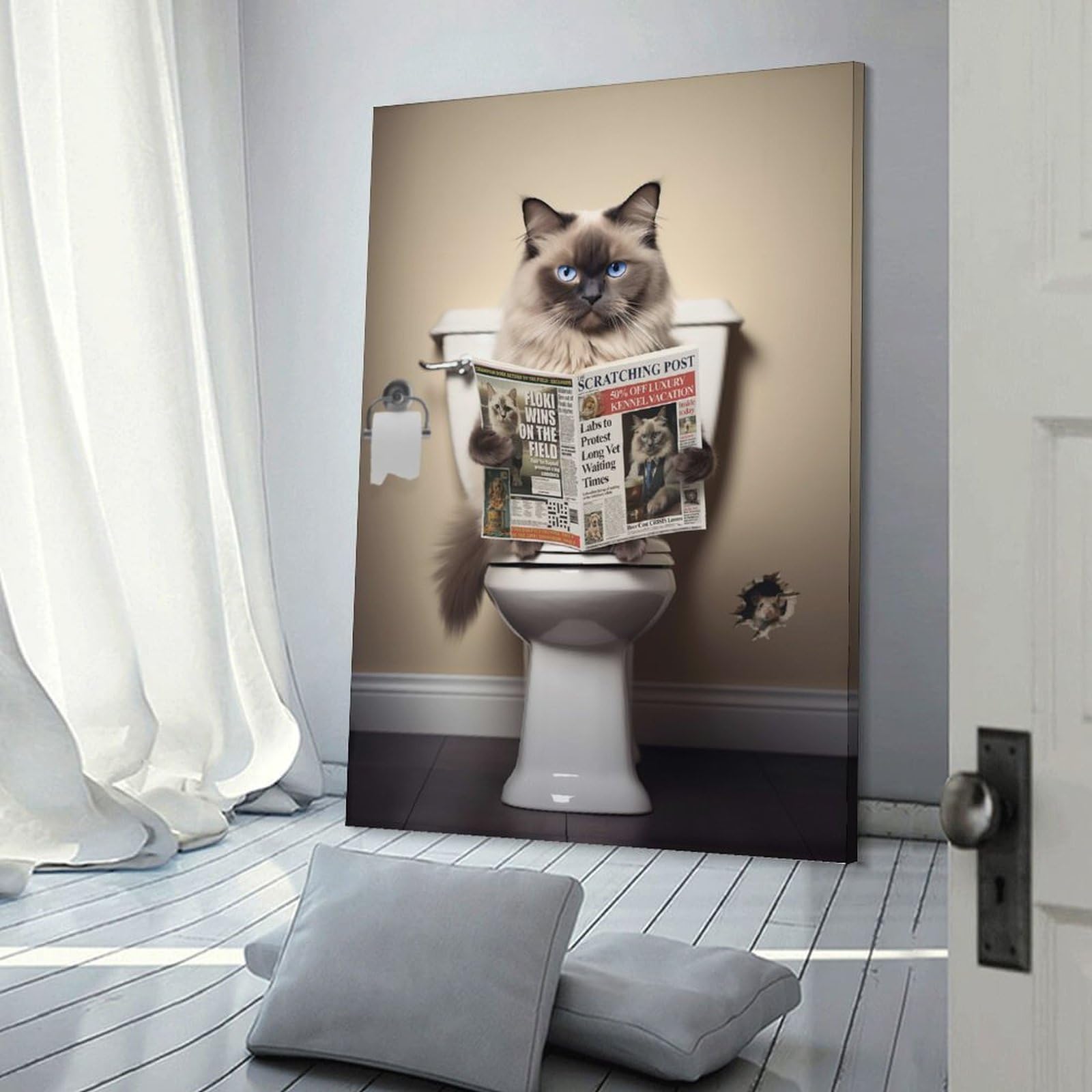 Junmoney Frame-Style-3 Ragdoll Cat On The Toilet Wall Decor Canvas Print, 16X24inch(40X60cm), For Flats, Guest Rooms Or Compact Rooms, A Simple Refresh For Blank Walls