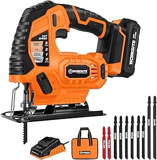WORKSITE Cordless Jig Saw, 20V Jigsaw with 2.0A Battery & 1 Hour Fast Charger, 0-3000 SPM Adjustable Speed, ±45° Bevel Cut...