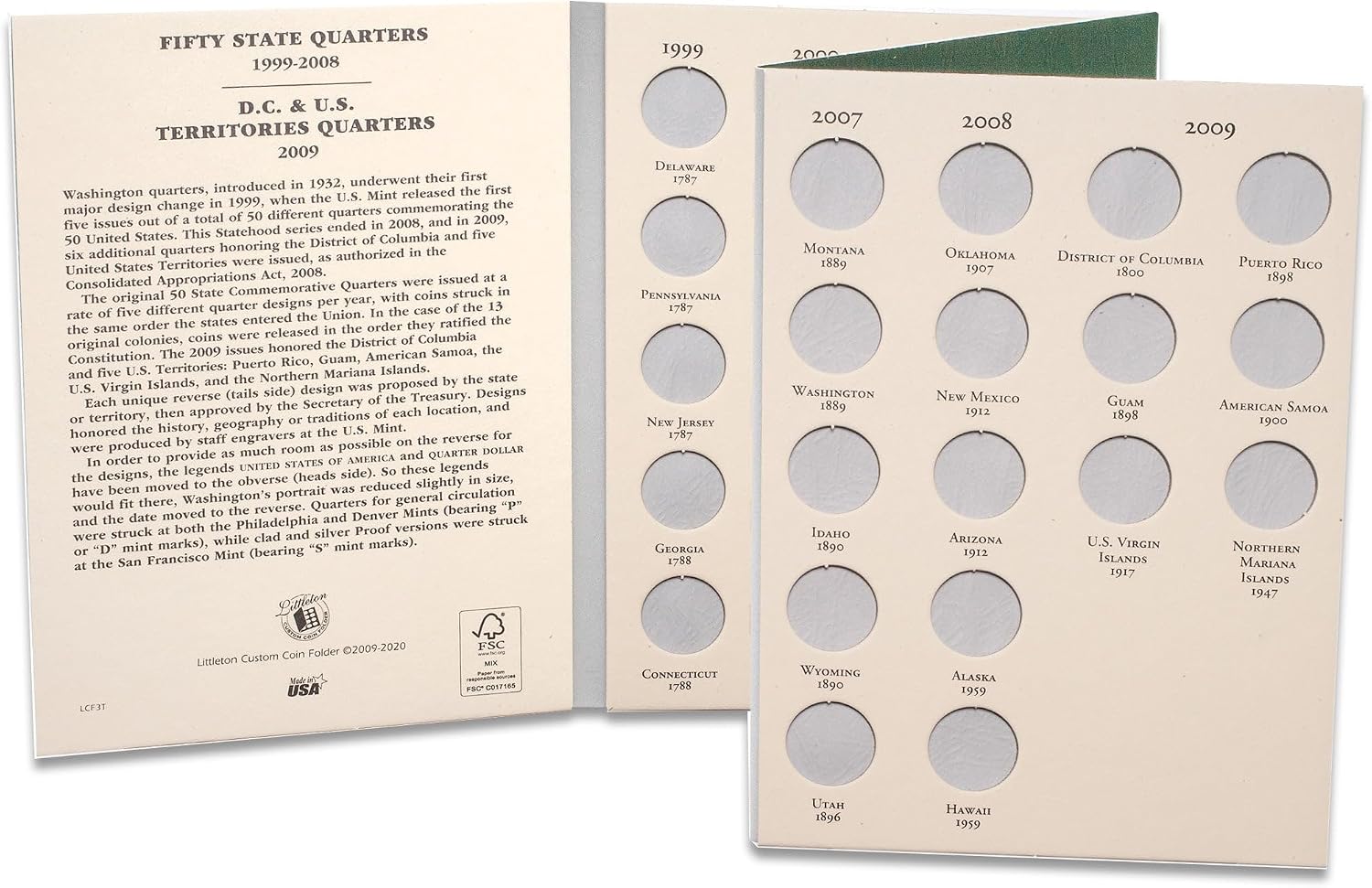 Littleton Coin Company 1999-2008 Statehood, 2009 D.C. & U.S. Territories Quarter Display Folder Coin Storage