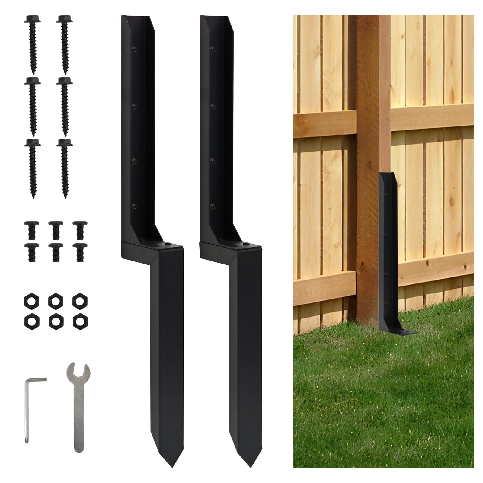 Juego de 2 estacas de reparación de postes de valla de acero resistente, estaca de tierra para postes de valla de madera inclinados o rotos, clavos de poste de valla de metal para un refuerzo y