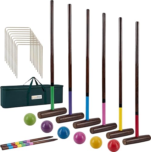Juego de croquet para seis jugadores, juego de croquet de 28 pulgadas con mazos de madera de primera calidad, bolas de colores, mechones, estacas,