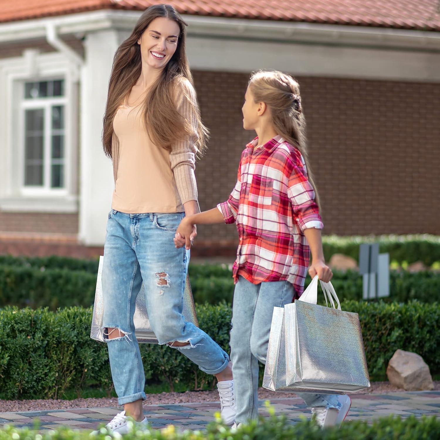 Eccliy 60 Pcs Reusable Gift Tote Bags Housekeeping Appreation Grocery Shopping Bag with Handles for Bridesmaid Wedding(Silver Iridescent) - Image 7