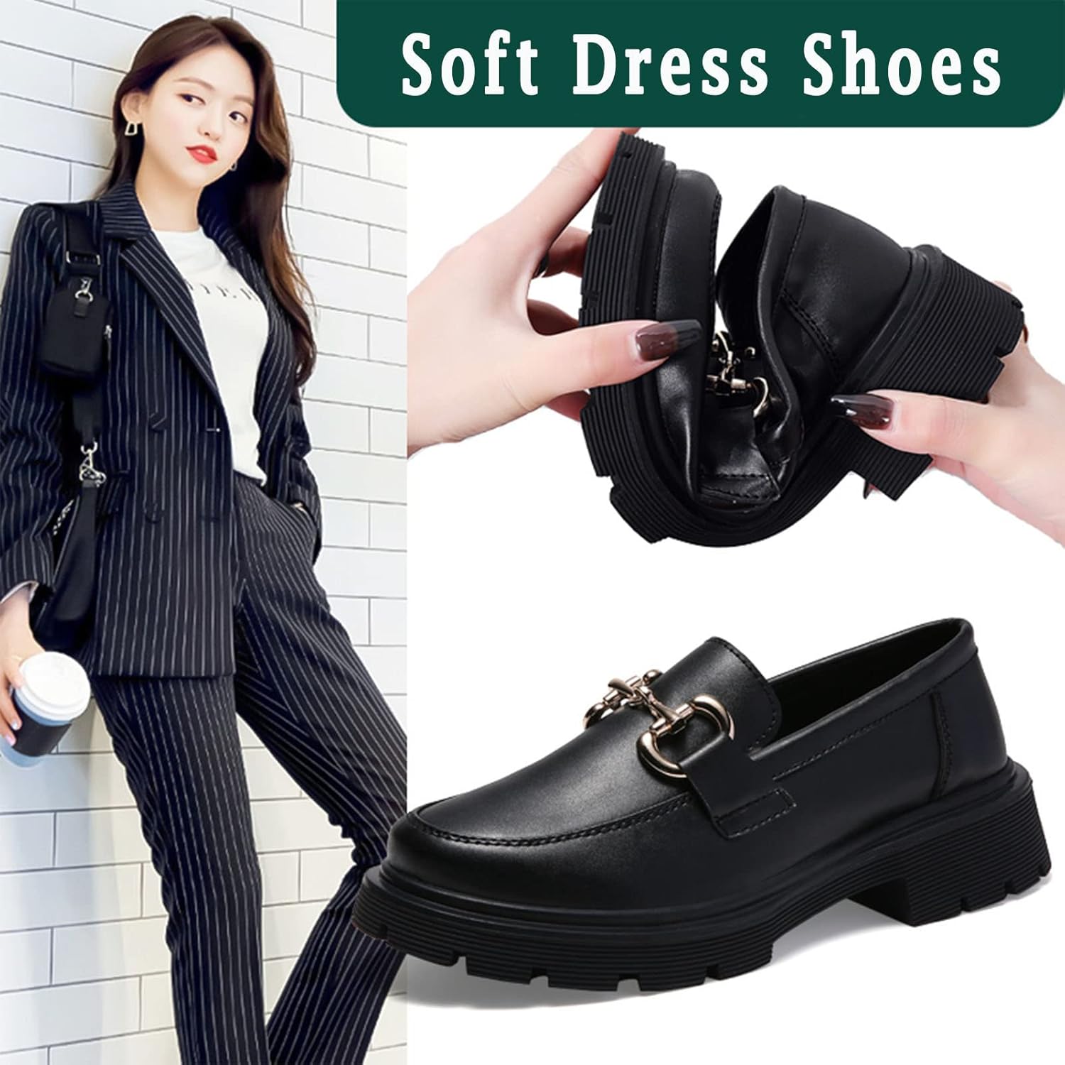 Women's Platform Chunky Heel Pumps Slip On Round Toe Penny Loafers Patent Leather Oxfords Dress Shoes