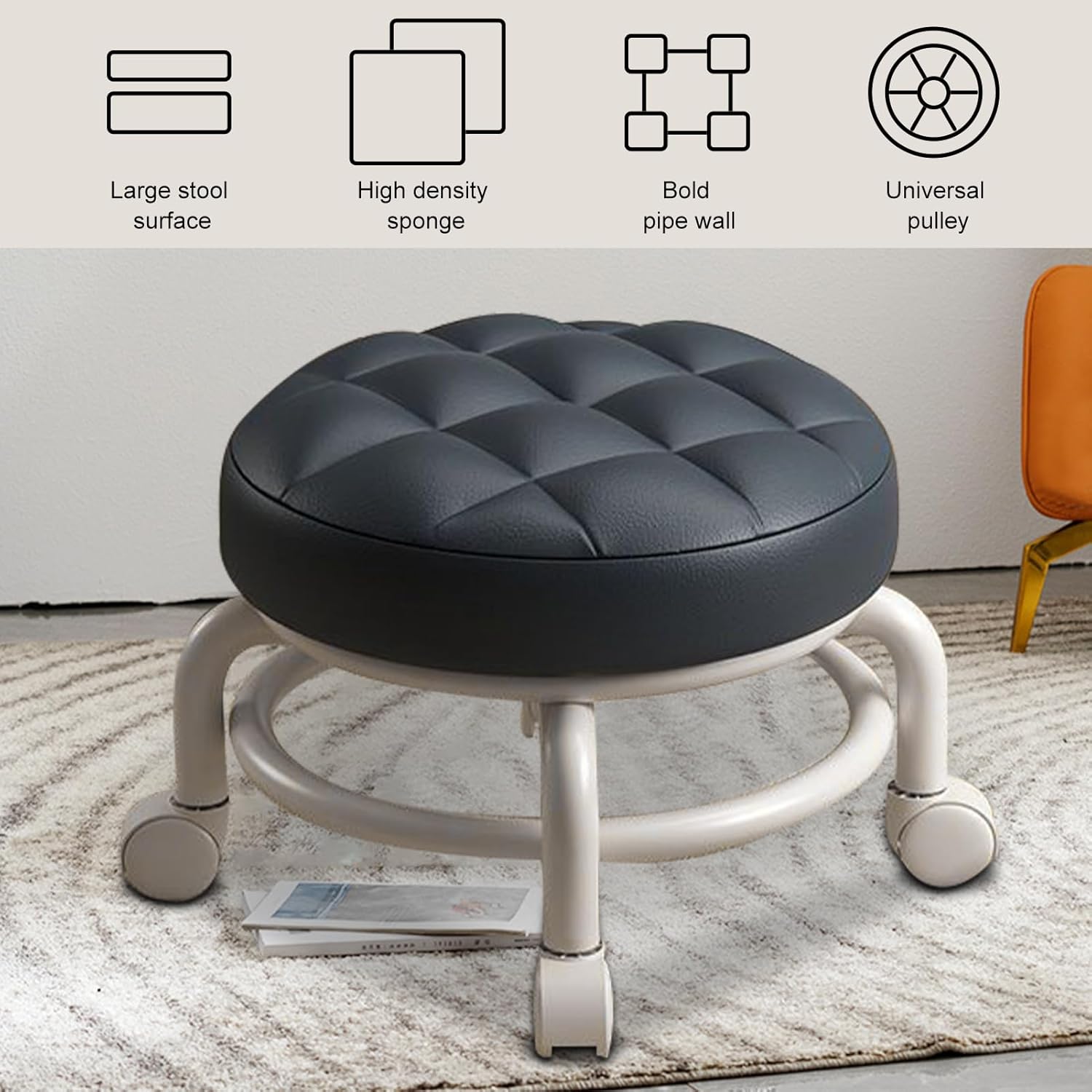 Round Shoe Stool with Wheels, Heavy-Duty Low Stool Household with Faux Leather Surface, Comfortable Sponge Cushion, Suitable for Indoor, 400lbs Load Capactiy
